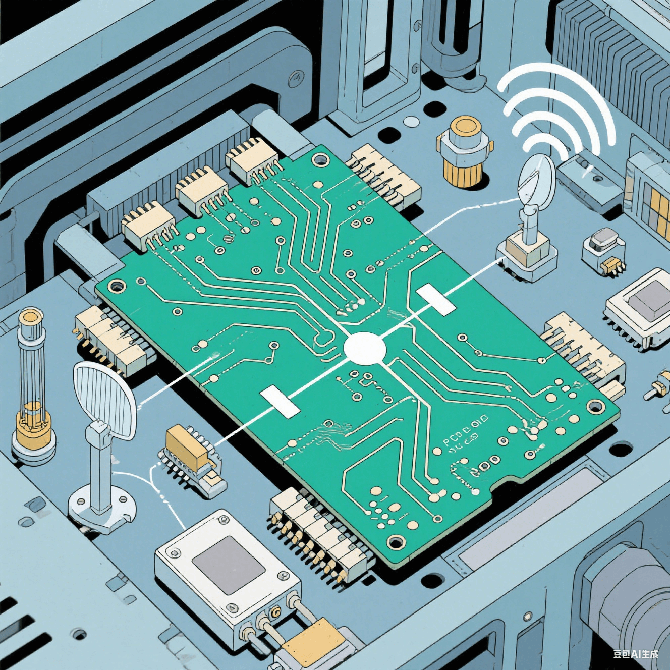 高频通信设备中 PCB 陶瓷电路板的工作示意图,显示电路板上的高频信号传输路径,周围有微波器件、天线等元件 高频通信设备中 PCB 陶瓷电路板的工作示意图,显示电路板上的高频信号传输路径,周围有微波器件、天线等元件