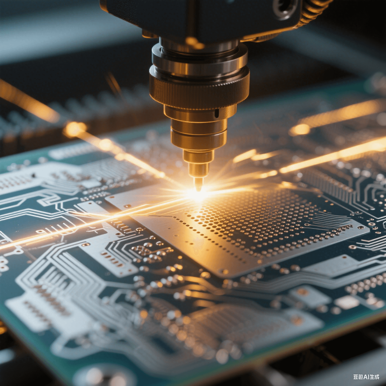 特种印制电路板的激光微孔加工过程,UV 激光束聚焦于板材,形成精细微孔 特种印制电路板的激光微孔加工过程,UV 激光束聚焦于板材,形成精细微孔