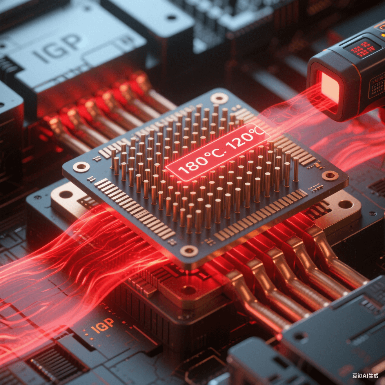 碳化硅微柱阵列嵌入铜热沉,红色热流穿过柱体扩散 碳化硅微柱阵列嵌入铜热沉,红色热流穿过柱体扩散