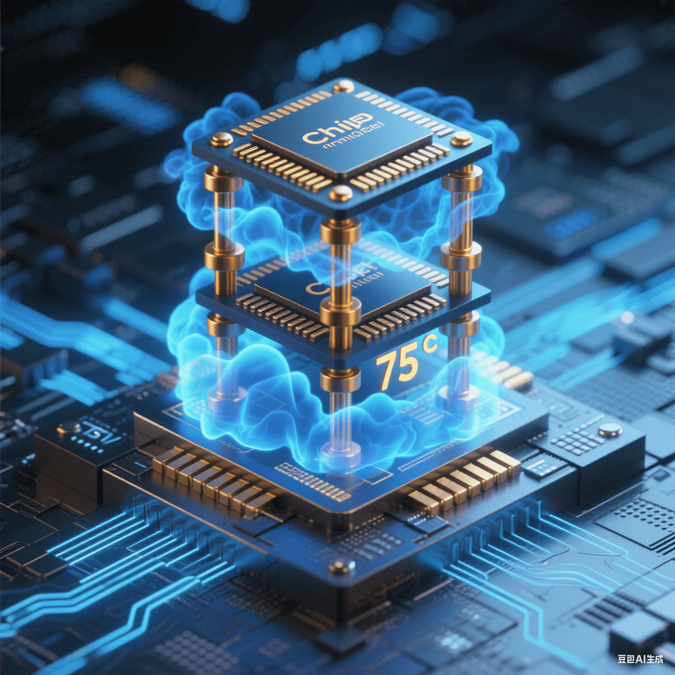 硅中介层上垂直堆叠 3 颗 Chiplet 芯片,铜微凸点如金色支柱连接,TSV 通孔散发蓝色流光 硅中介层上垂直堆叠 3 颗 Chiplet 芯片,铜微凸点如金色支柱连接,TSV 通孔散发蓝色流光