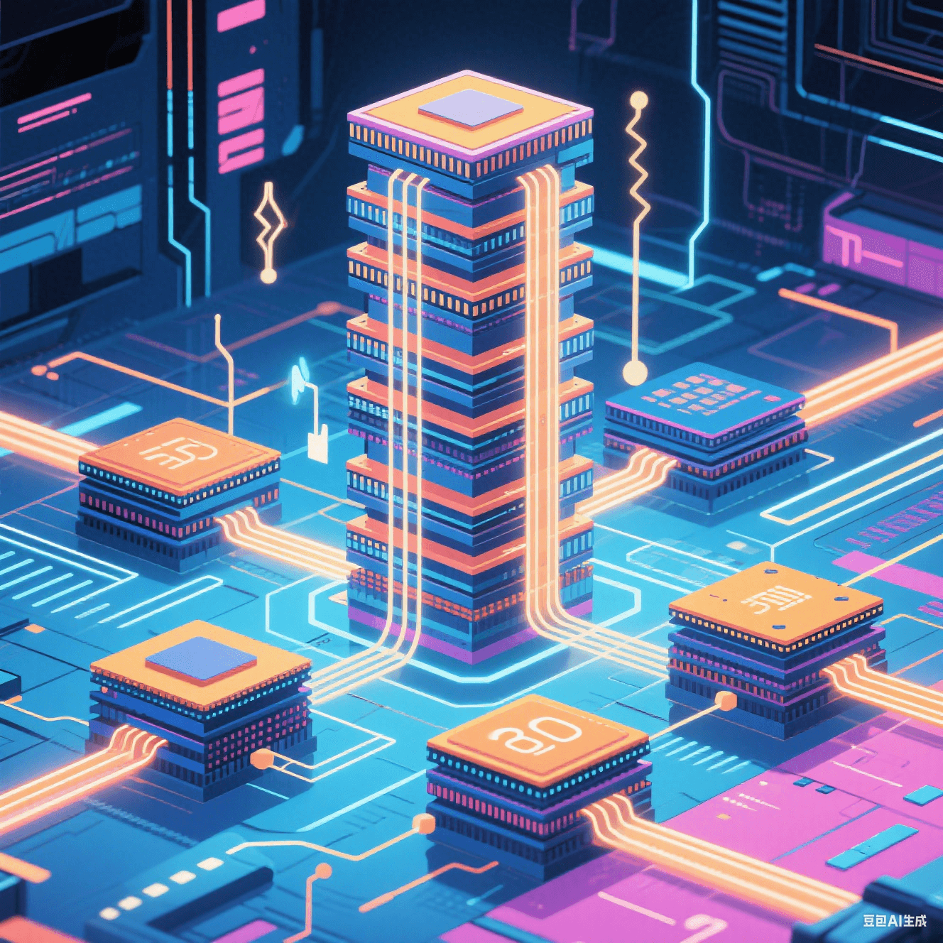3D 封装技术示意图,多芯片堆叠通过 TSV 硅通孔互连,搭配微通道散热结构,呈现 Chiplet 异构集成场景。 3D 封装技术示意图,多芯片堆叠通过 TSV 硅通孔互连,搭配微通道散热结构,呈现 Chiplet 异构集成场景。