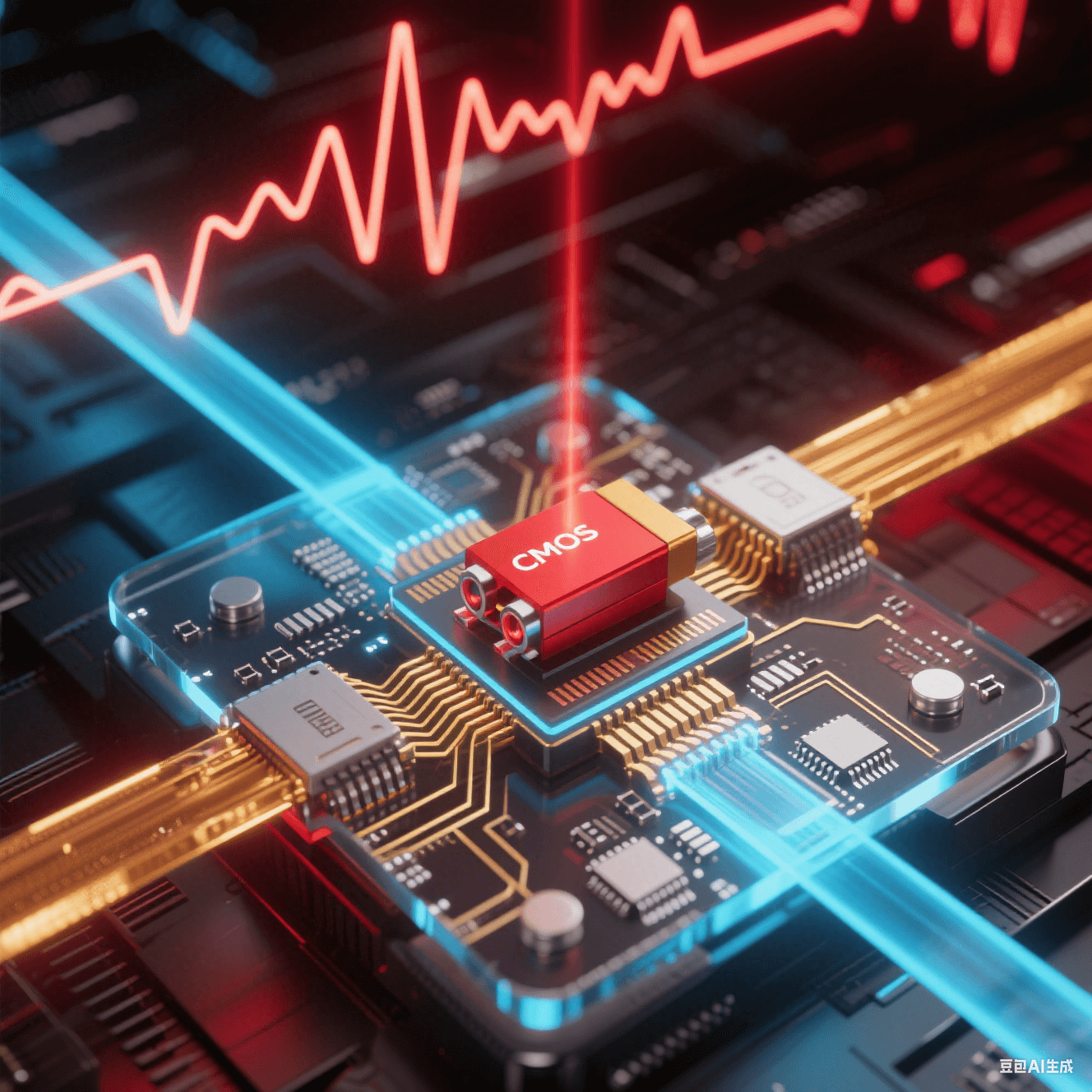 透明基板内部:激光器(红光)与 CMOS 电路(金线)通过硅光波导(蓝光)互连 透明基板内部:激光器(红光)与 CMOS 电路(金线)通过硅光波导(蓝光)互连