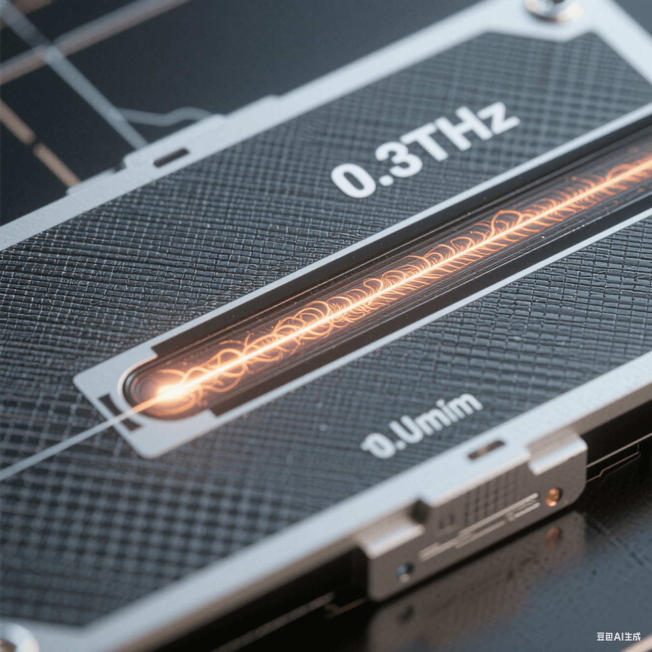纳米级太赫兹波导:石墨烯基板刻蚀1μm导波槽,电磁粒子流沿槽道传输,背景频率标注0.3THz 纳米级太赫兹波导:石墨烯基板刻蚀1μm导波槽,电磁粒子流沿槽道传输,背景频率标注0.3THz