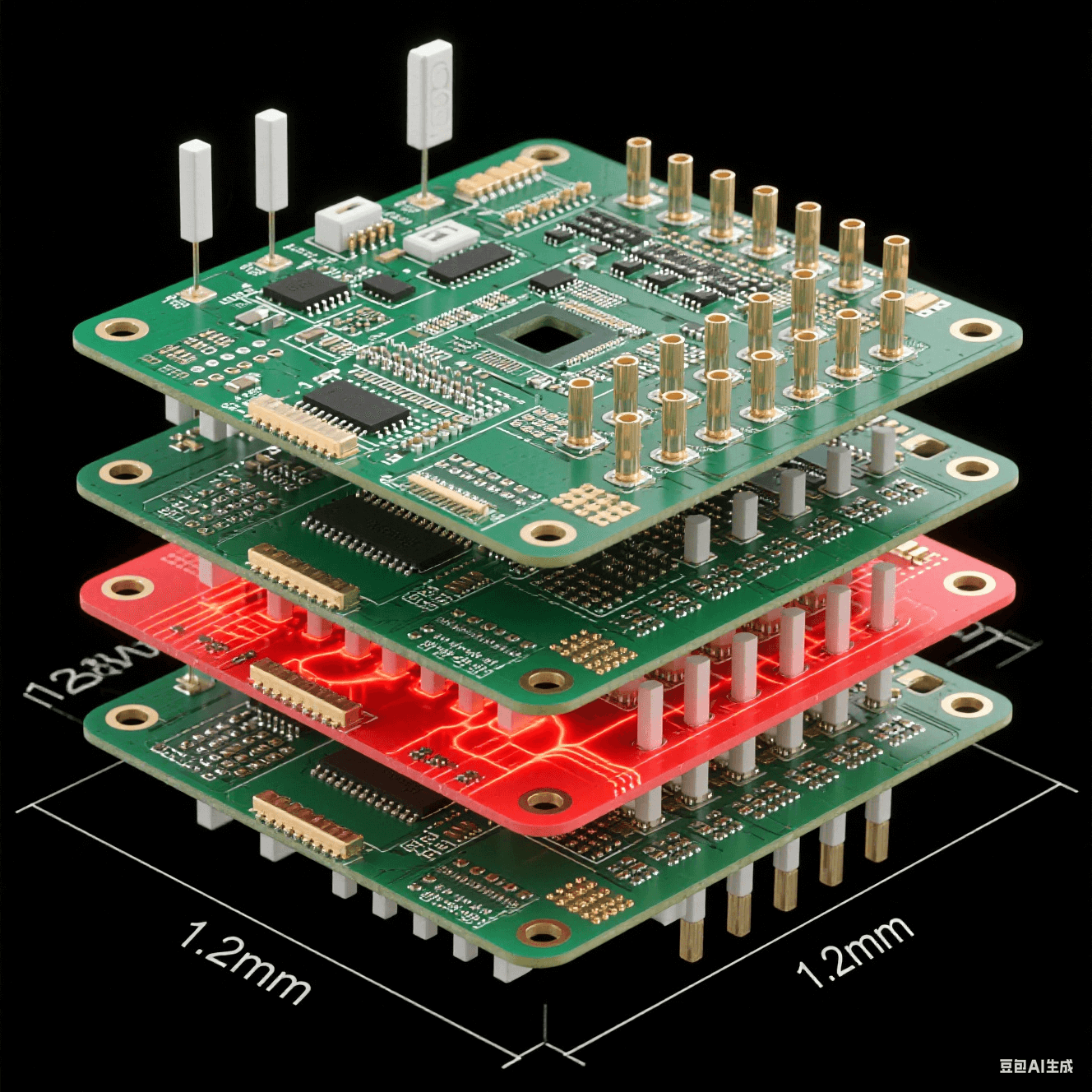 128通道天线板爆炸视图:射频层/电源层/信号层堆叠结构,热通孔阵列散发红色热流 128通道天线板爆炸视图:射频层/电源层/信号层堆叠结构,热通孔阵列散发红色热流