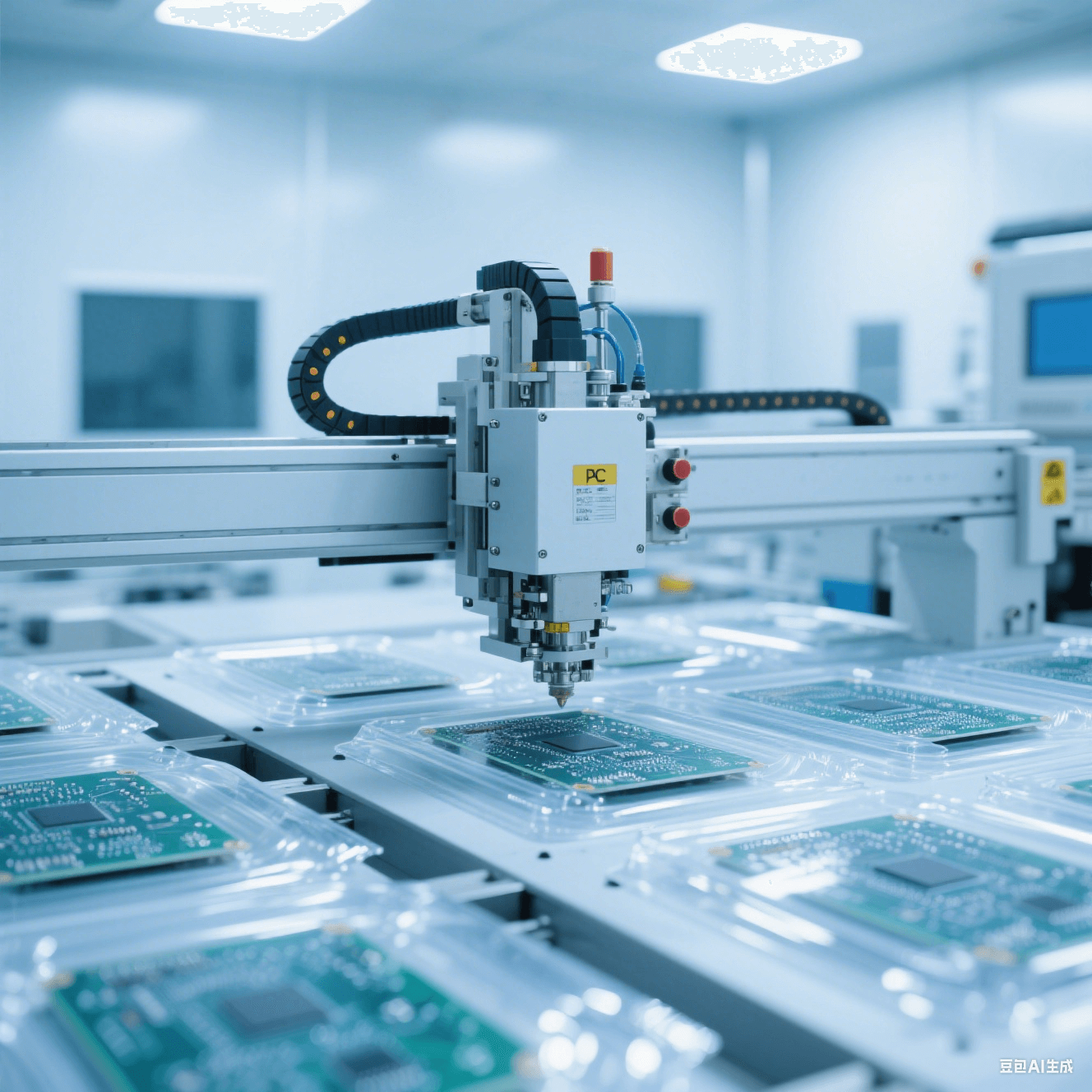 洁净封装车间内自动封装设备对 PCB 板进行封装，透明封装材料在灯光下反光