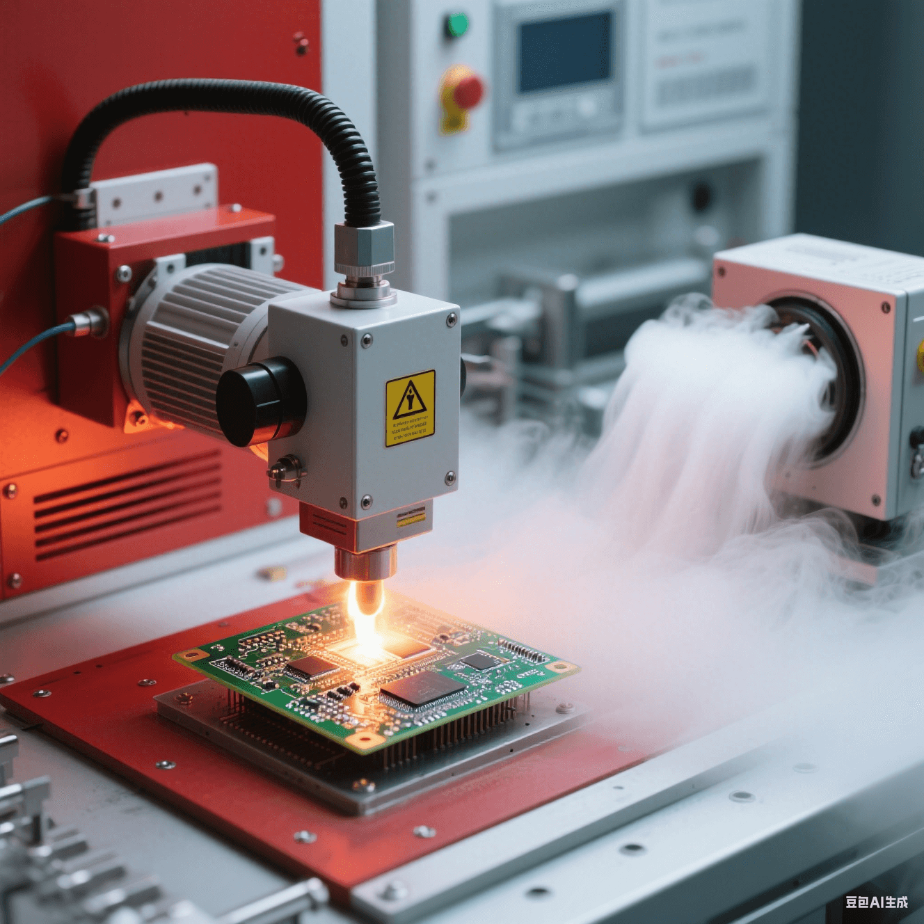 高温测试实验室中加热设备对 PCB 板进行测试，冷却装置散发白色雾气