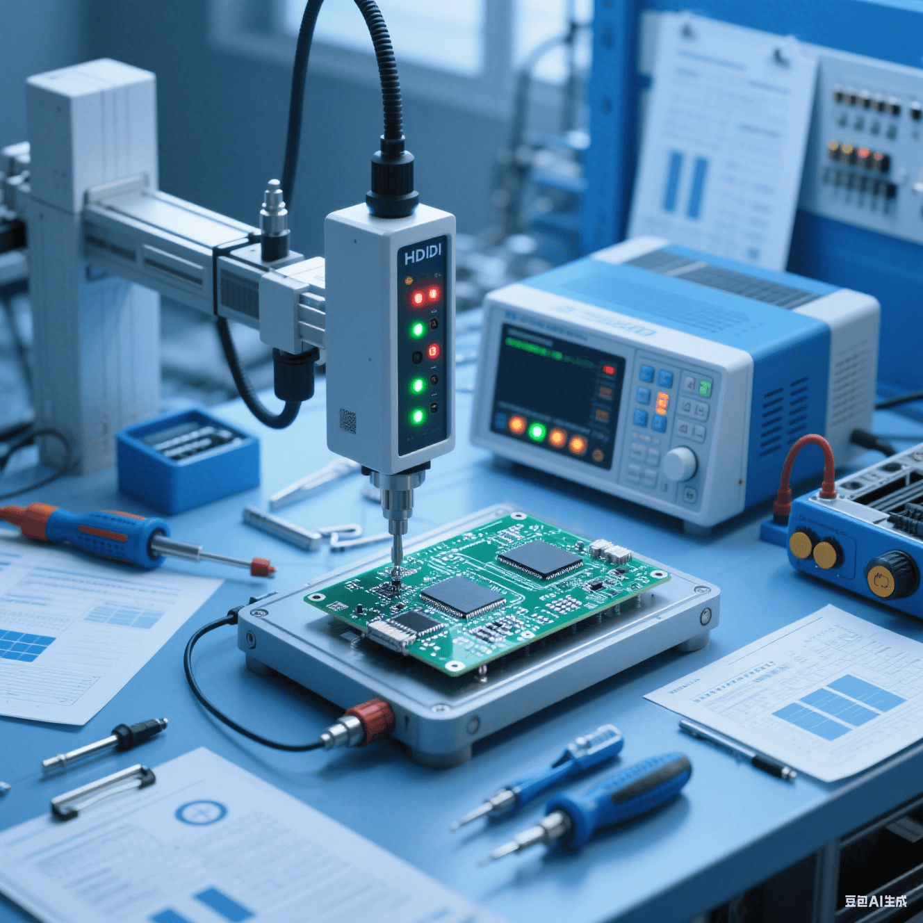 汽车电子测试车间内测试仪器对 HDI 板进行性能测试，仪器指示灯闪烁，周围摆放测试工具与报告
