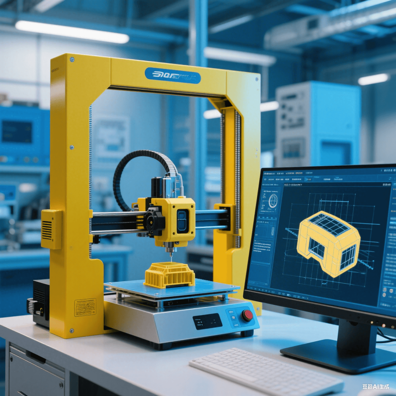 智能驾驶传感器实验室中 3D 打印机打印传感器外壳模型，电脑屏幕显示设计图纸