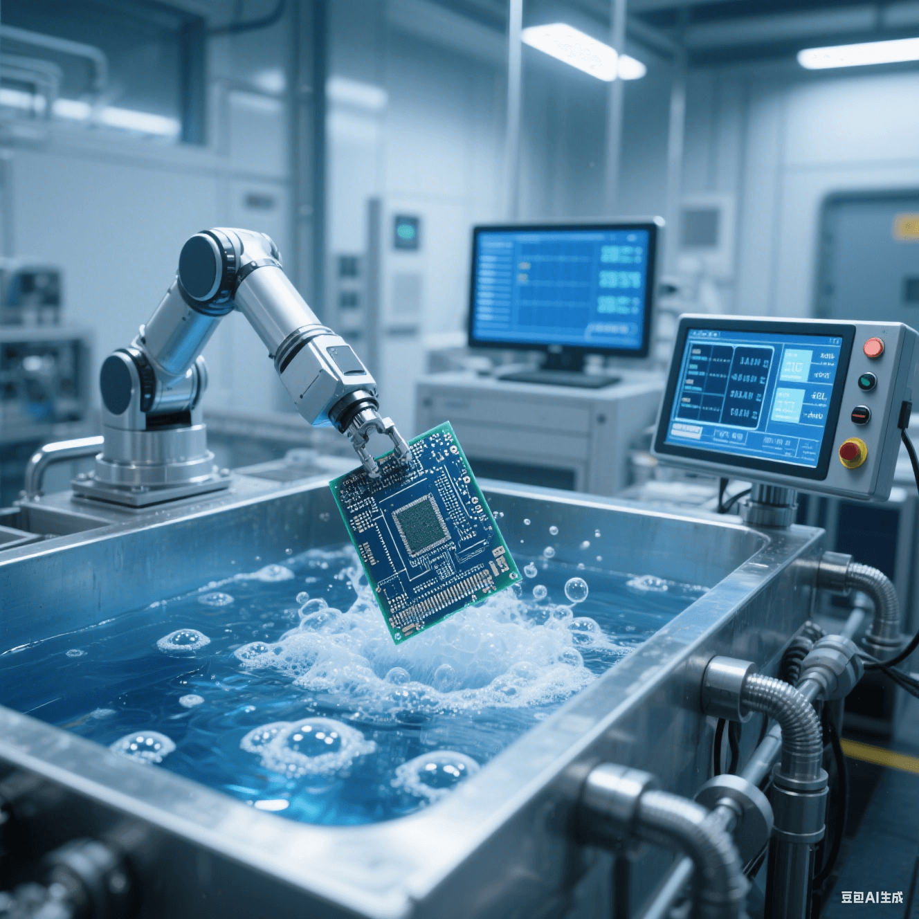 现代化电镀车间中电镀槽溶液冒泡，机械手臂将 PCB 板放入槽内电镀，旁侧监测仪器显示数据