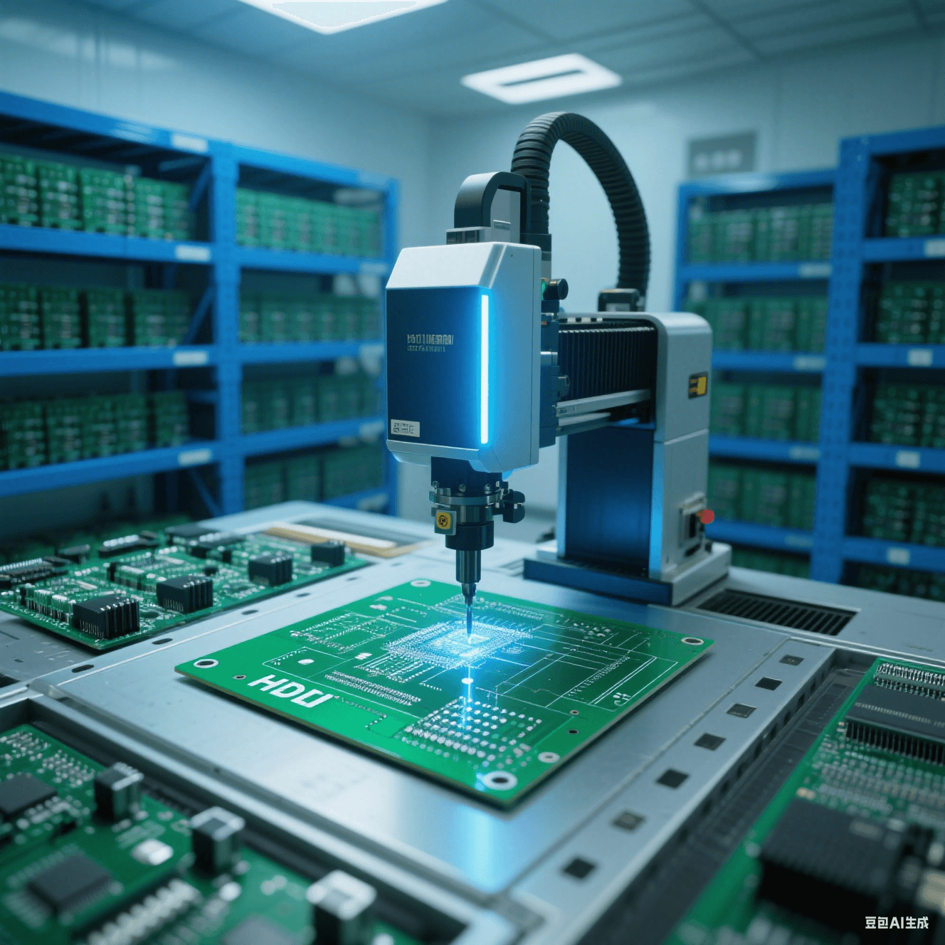 无尘车间内先进的激光钻孔机正对绿色 HDI 板进行高精度钻孔，机器发出蓝色光束，周围是整齐的电子元件货架