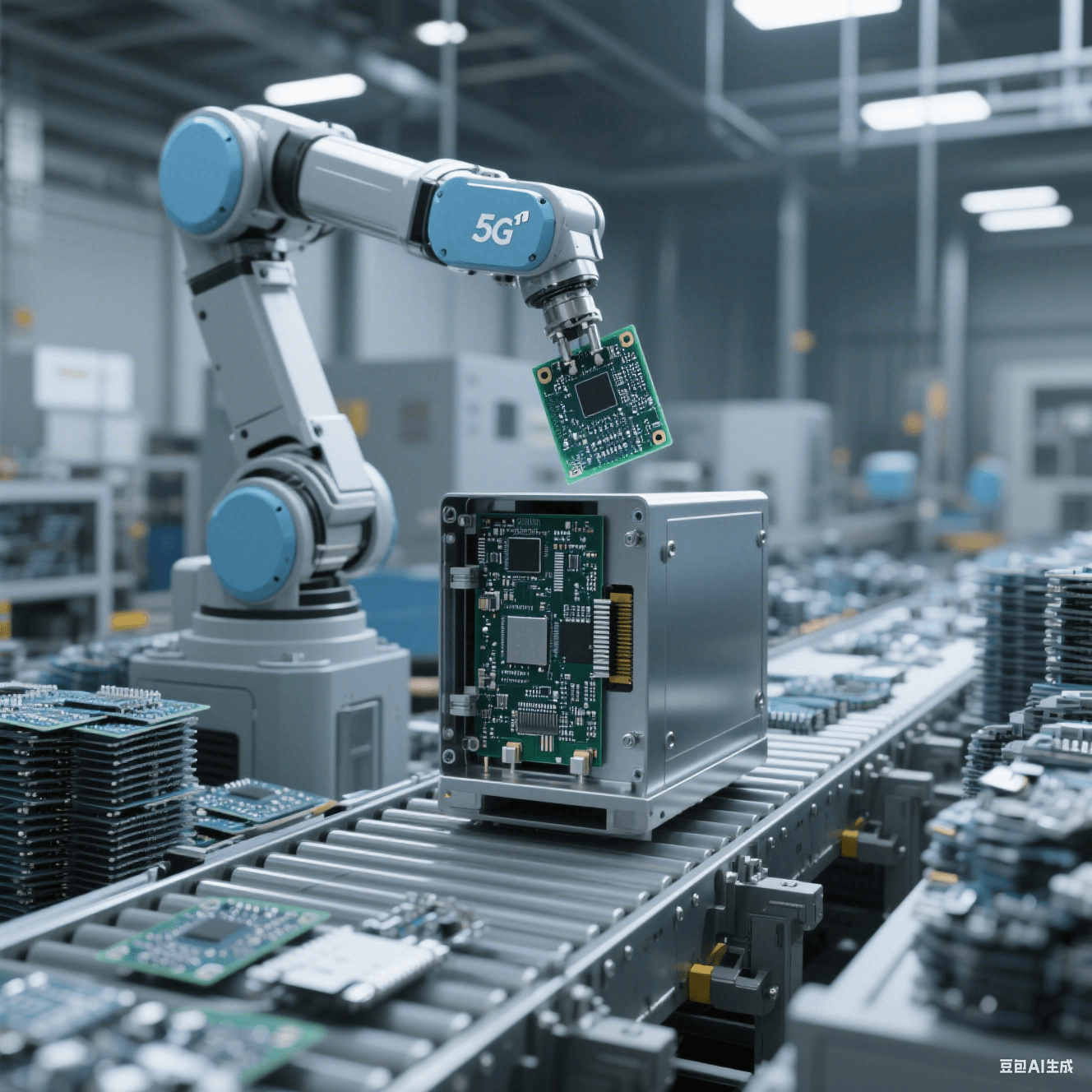 5G 基站组装车间内机械臂将 PCB 板安装至金属外壳，传送带堆放待组装零件