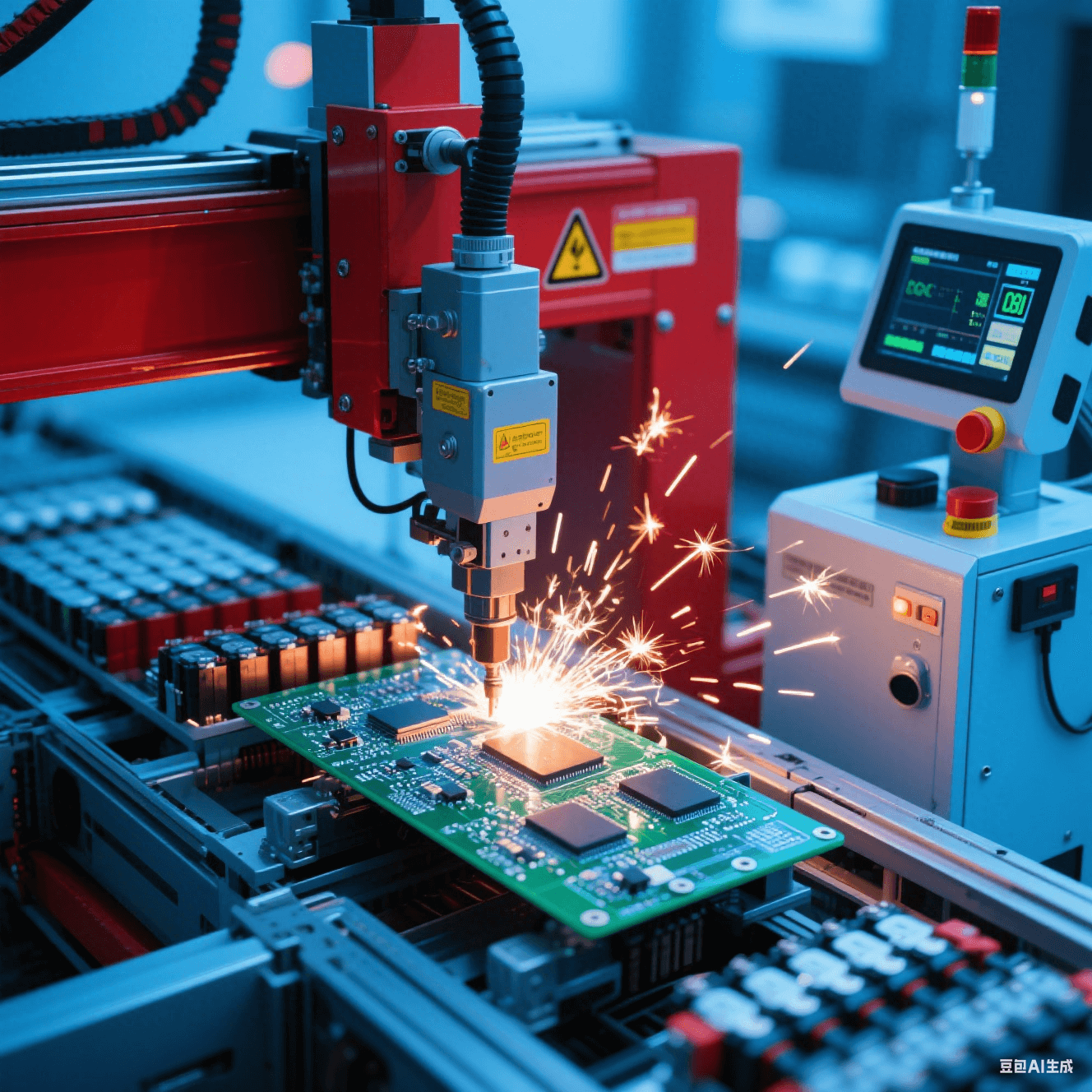 新能源汽车电池生产线中自动化设备焊接 BMS 板，焊接火花闪烁，旁侧检测设备监控质量