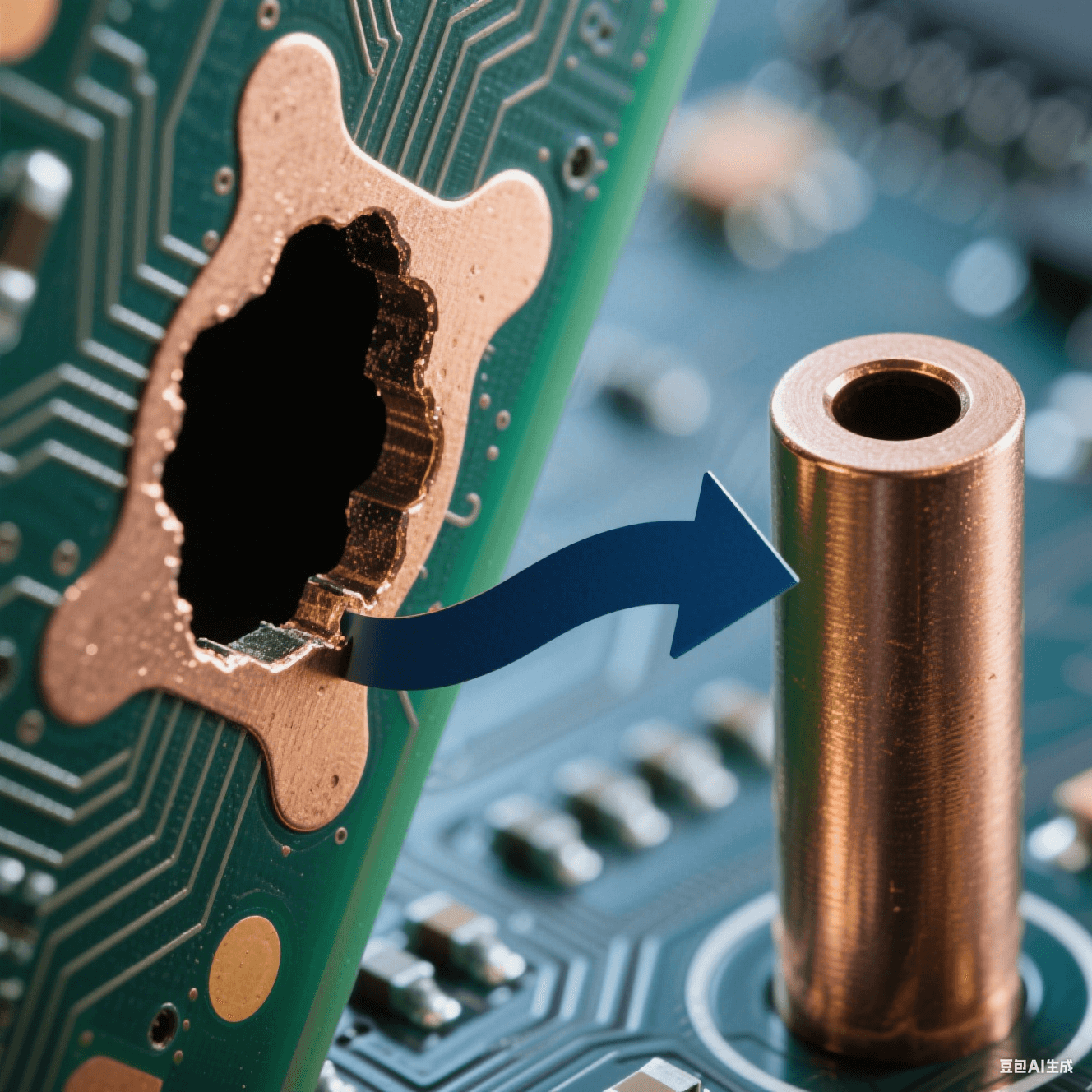 深径比 101 的 PCB 盲孔显微特写,左侧孔口 “狗骨” 凸起与中部空洞缺陷,右侧对比均匀铜填充柱体,深蓝背景中镀液循环箭头呈现孔口堵塞与孔内畅通的动态反差。 深径比 101 的 PCB 盲孔显微特写,左侧孔口 “狗骨” 凸起与中部空洞缺陷,右侧对比均匀铜填充柱体,深蓝背景中镀液循环箭头呈现孔口堵塞与孔内畅通的动态反差。