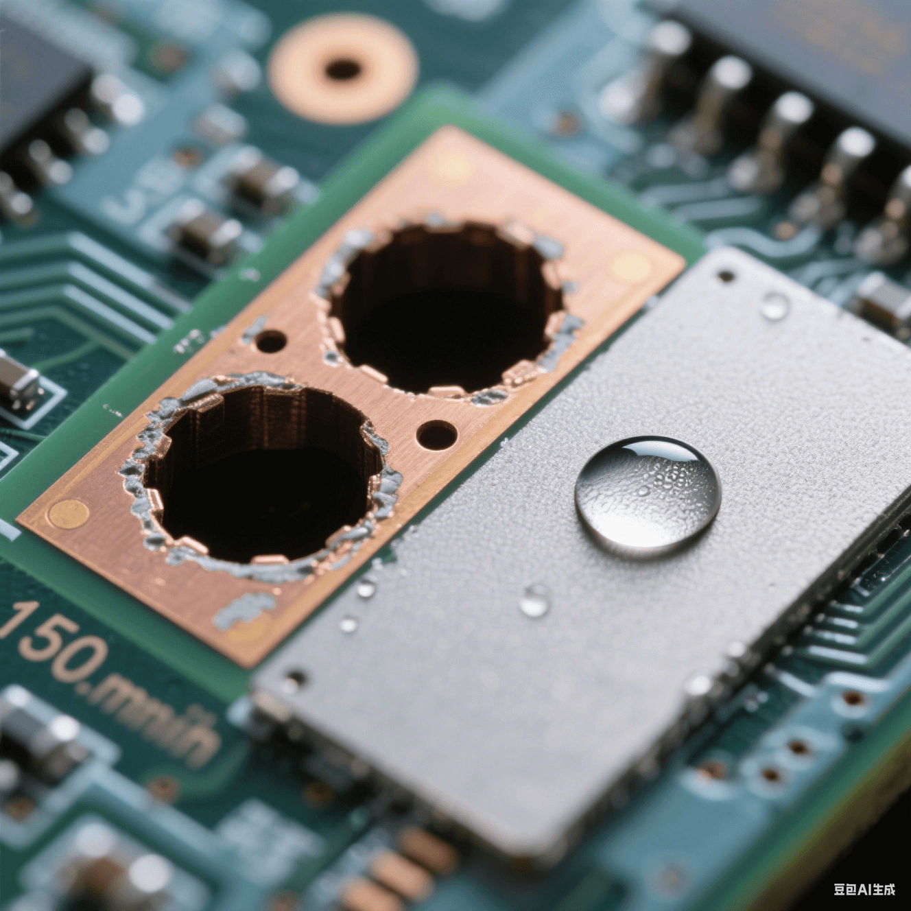 150μm 微孔横截面显微摄影:左侧孔壁残留环氧树脂暗斑,右侧清洁后呈现均匀磨砂微蚀表面,对比 85° 水滴与 30° 铺展水膜的接触角差异,电路板背景景深虚化 150μm 微孔横截面显微摄影:左侧孔壁残留环氧树脂暗斑,右侧清洁后呈现均匀磨砂微蚀表面,对比 85° 水滴与 30° 铺展水膜的接触角差异,电路板背景景深虚化