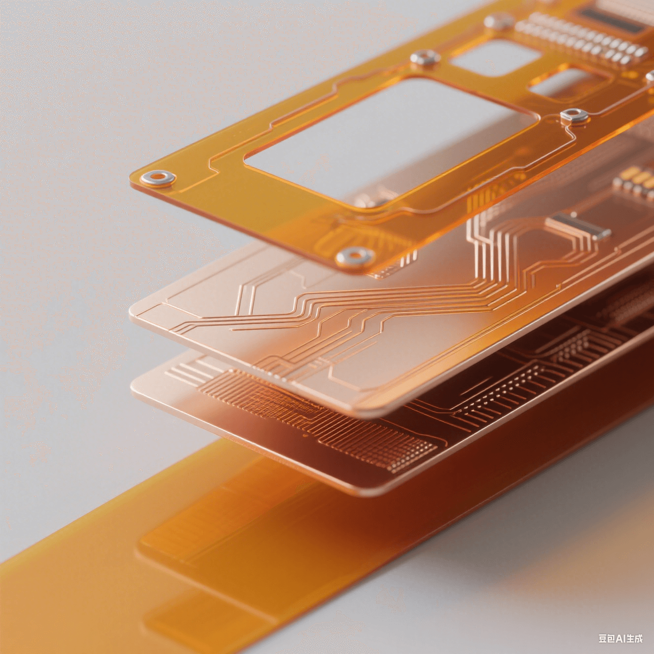 聚酰亚胺柔性板(PI FPC)核心结构分解图:展示PI基材、铜线路层与PI覆盖膜 聚酰亚胺柔性板(PI FPC)核心结构分解图:展示PI基材、铜线路层与PI覆盖膜