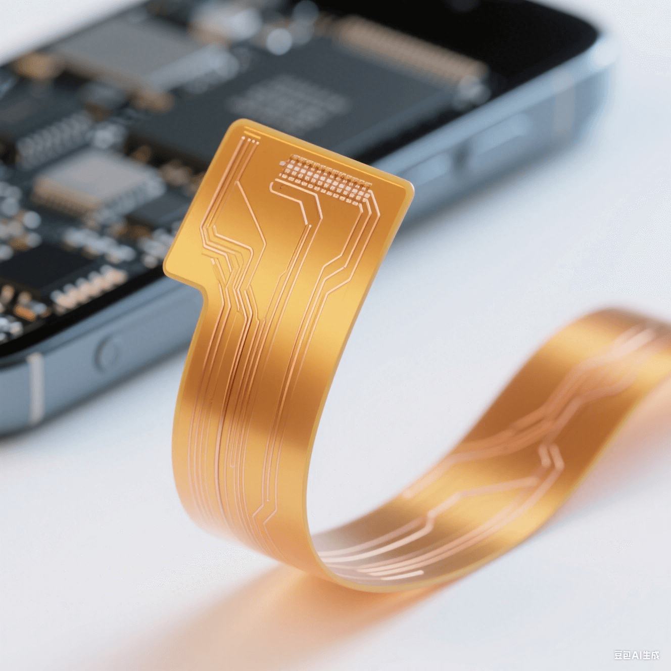 聚酰亚胺柔性板(PI FPC)特写图:展示轻薄弯曲形态与精细铜线路,背景暗示消费电子产品应用 聚酰亚胺柔性板(PI FPC)特写图:展示轻薄弯曲形态与精细铜线路,背景暗示消费电子产品应用