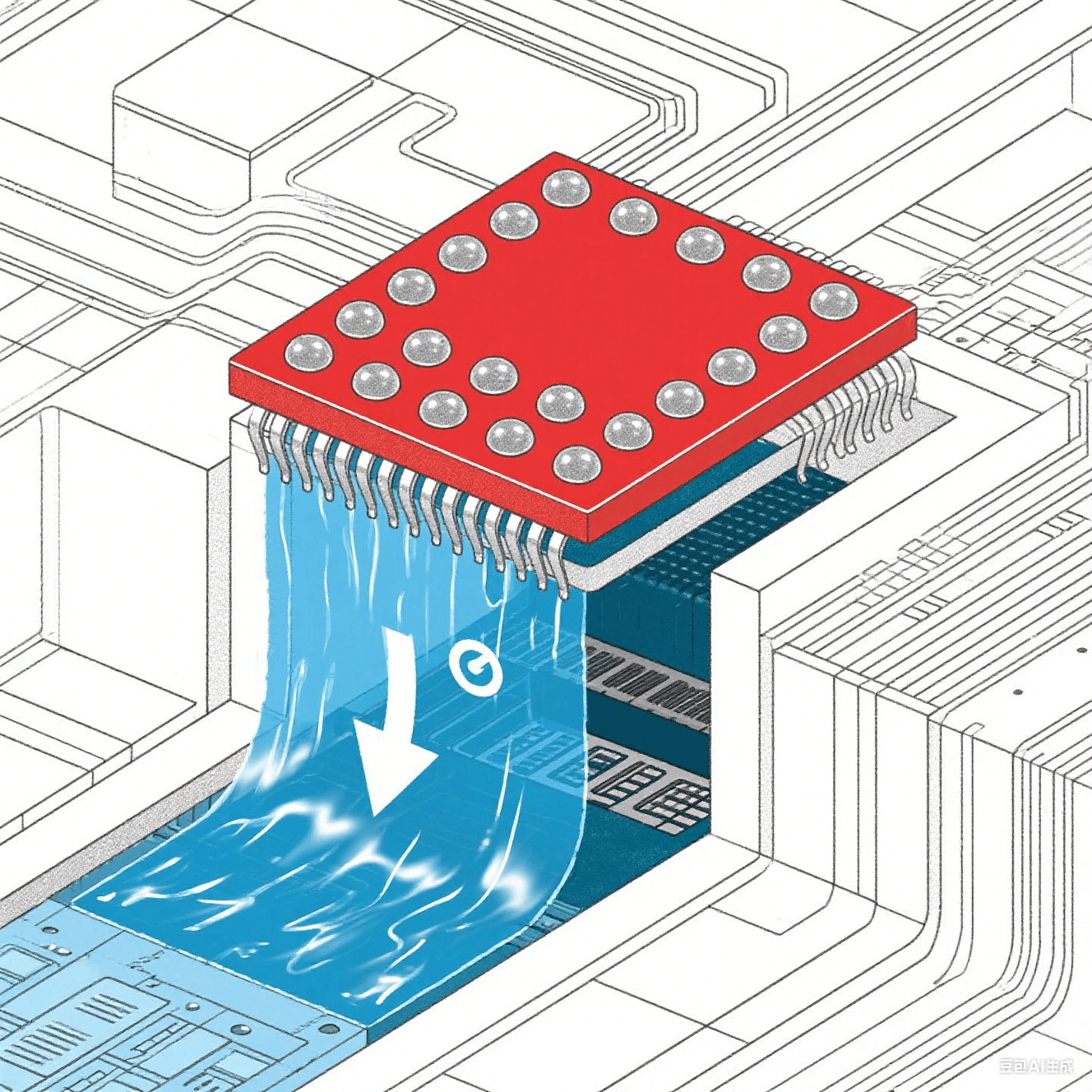 BGA封装散热原理：芯片核心红色高温区经焊球阵列传导至蓝色低温基板，箭头指示15℃温降，液态金属在基板层流动