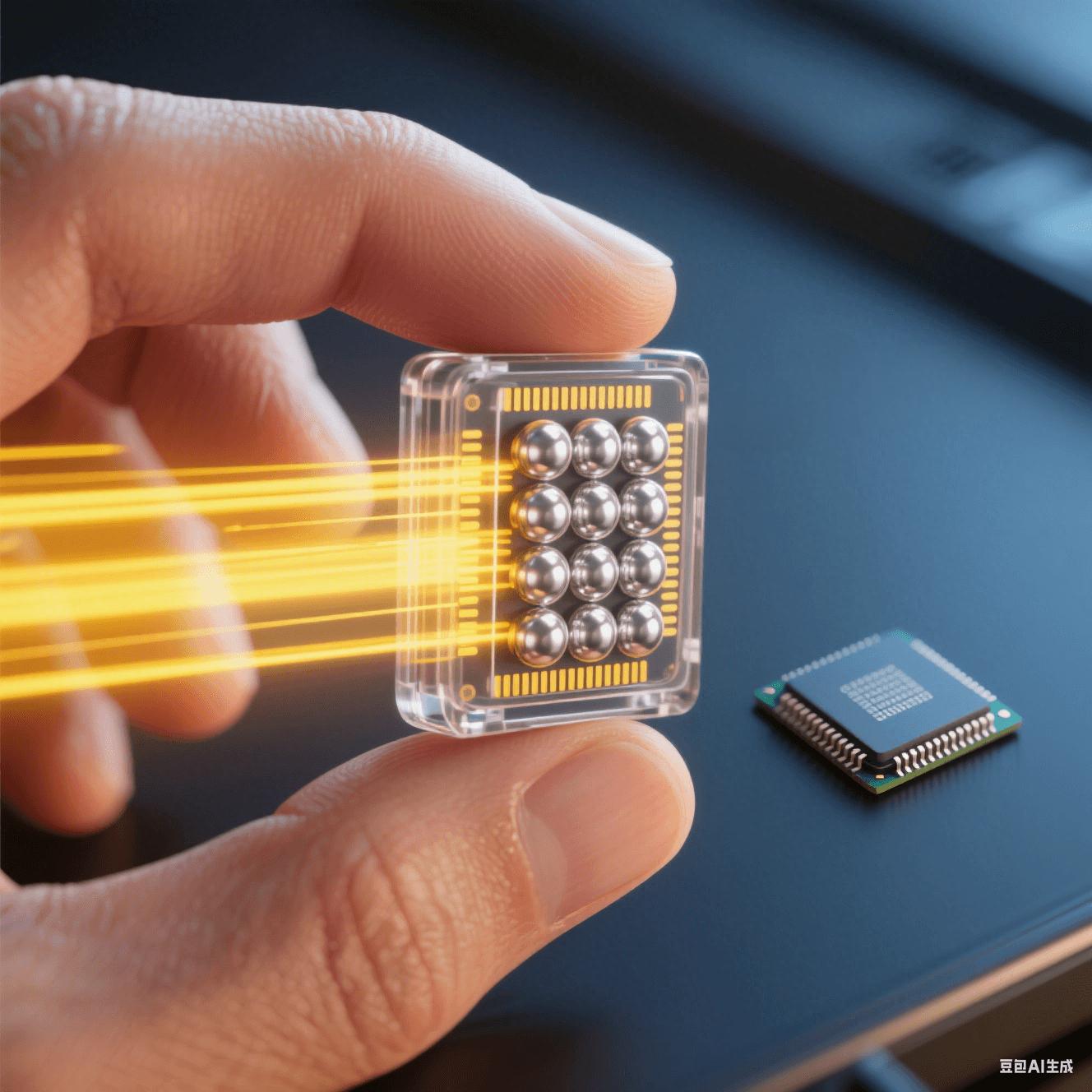 微型存储芯片应用：人手捏持透明封装的BGA芯片，显露内部焊球阵列，黄色光束象征高速数据传输，与传统芯片尺寸对比
