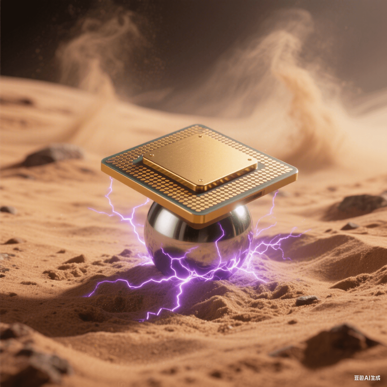极端环境应用：金色陶瓷封装芯片置于火星沙地，底部焊球外露，紫色电弧模拟抗辐射性能，沙尘暴背景凸显可靠性