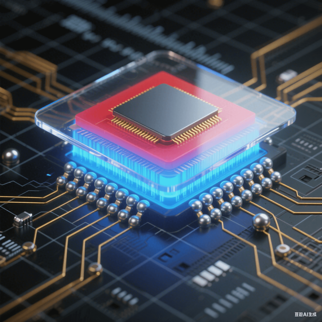 球栅阵列封装剖面图：展示电路板基座上芯片的底部银色焊球阵列，金色导线连接中央硅晶片，内部蓝色信号路径与红蓝渐变的散热流向，背景带微米级刻度尺