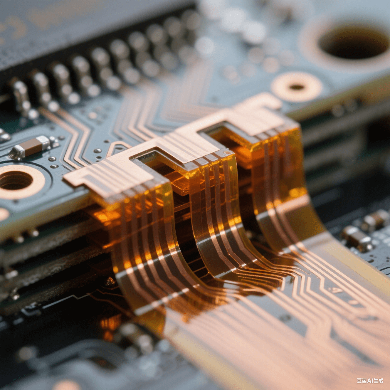 微距摄影：超薄聚酰亚胺薄膜与铜箔交错叠加的横截面，琥珀色半固化胶层如琥珀包裹电路，金属光泽与哑光基材形成材质对比