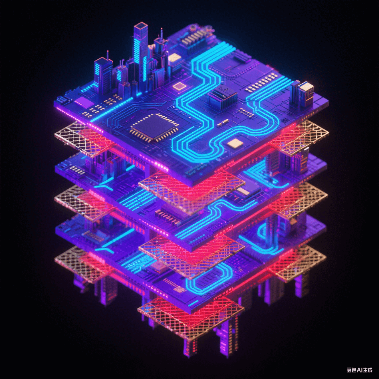 霓虹蓝紫光效的8层电路板爆炸视图：信号层蛇形走线发蓝光，电源层泛红光，接地层呈金网，各层悬浮排列如未来城市