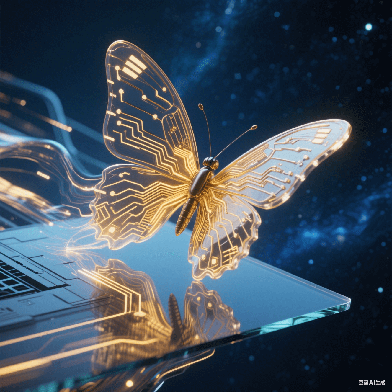 未来主义电子蝴蝶：半透明金色多层电路板如蝶翼般从玻璃基板破茧而出，流光粒子在柔性折叠处流动，背景深蓝宇宙星尘
