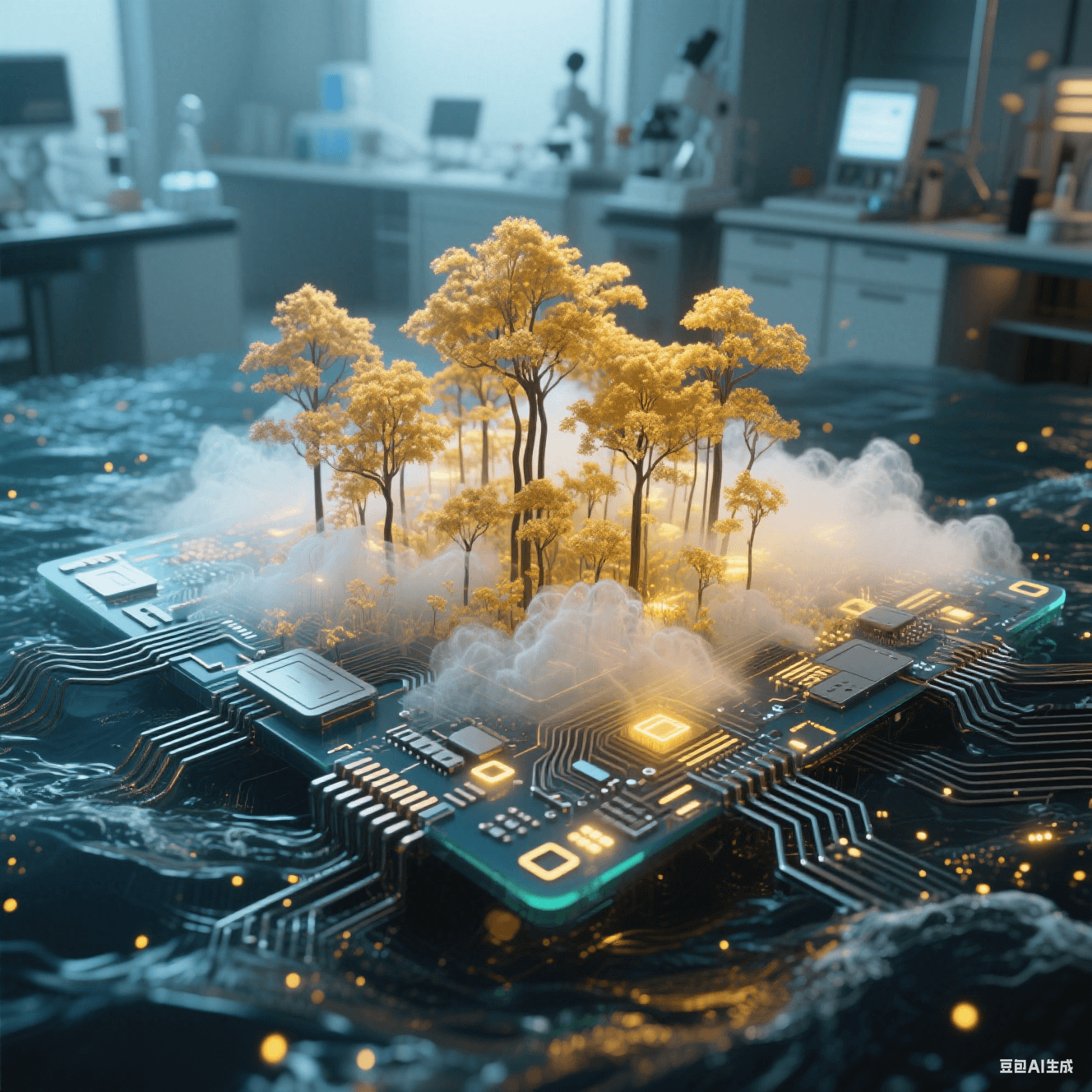 碳纳米管在电路表面生长成金色森林，气凝胶绝缘层如透明云雾笼罩，降解基板在海水中化为发光粒子