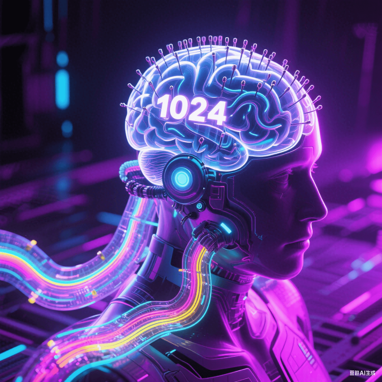 1024通道柔性电极阵列植入透明脑模型，思维脉冲化作彩色光波沿透明电路传递，赛博朋克紫调光影
