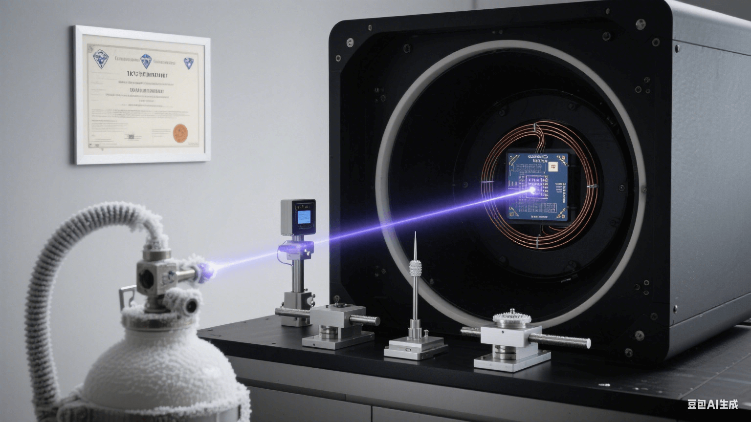 超导量子测试系统:液氦杜瓦瓶连接真空腔,超导线圈激发量子比特纠缠光轨,纳米位移台探针扫描芯片信号 超导量子测试系统:液氦杜瓦瓶连接真空腔,超导线圈激发量子比特纠缠光轨,纳米位移台探针扫描芯片信号