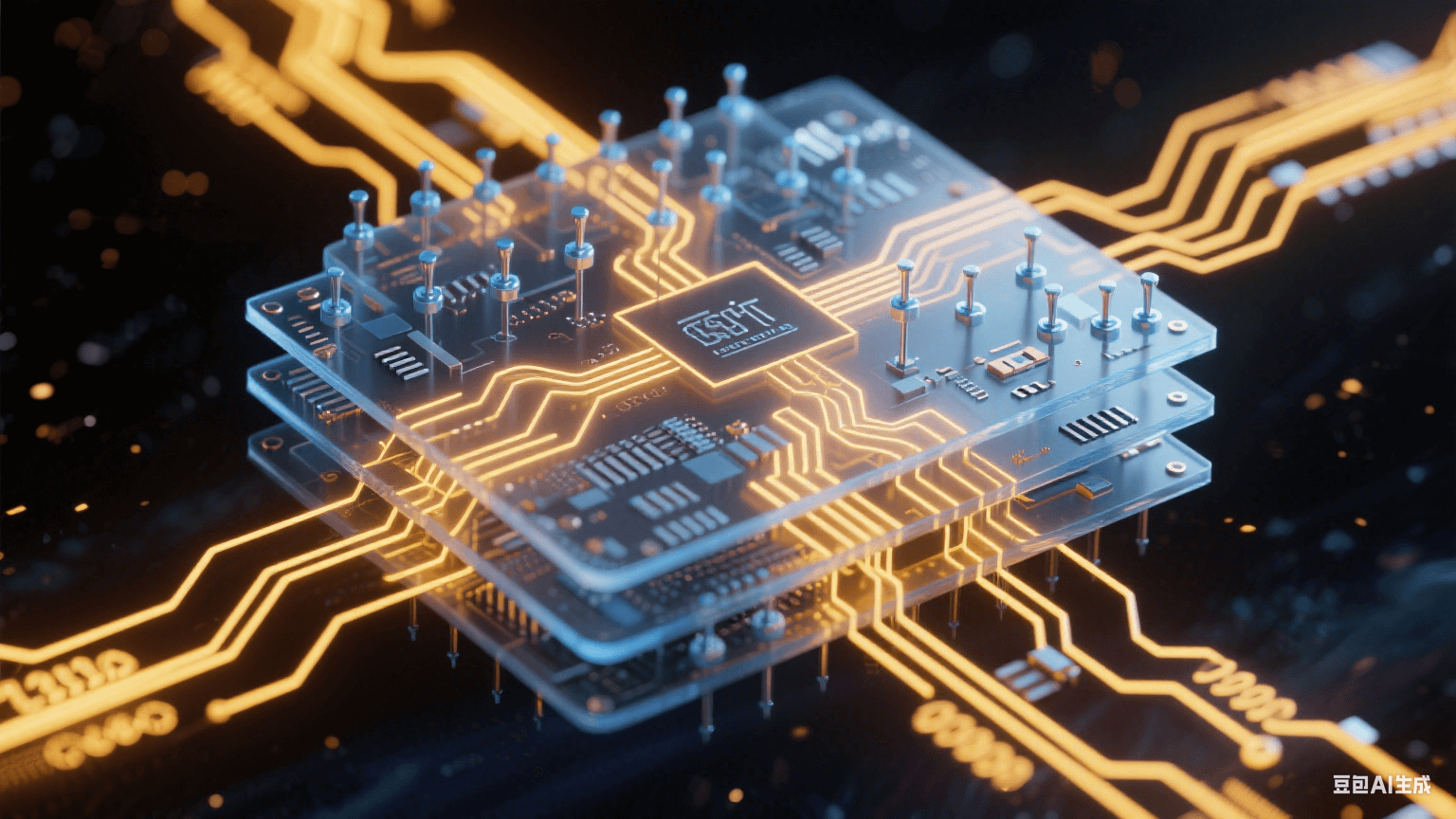 多层电路板信号传输系统：0.05mm线宽金色电路通道中脉冲电流流动，冰蓝色探针阵列精准接触纳米焊盘，-40℃至125℃温标环包裹的极端环境测试场景