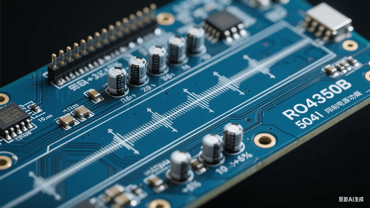 高频测试板信号完整性设计：RO4350B基板内50Ω差分微带线（线宽公差±5%），0.1μF陶瓷去耦电容群抑制电源噪声，10GHz正弦波在介电常数3.66介质中传输