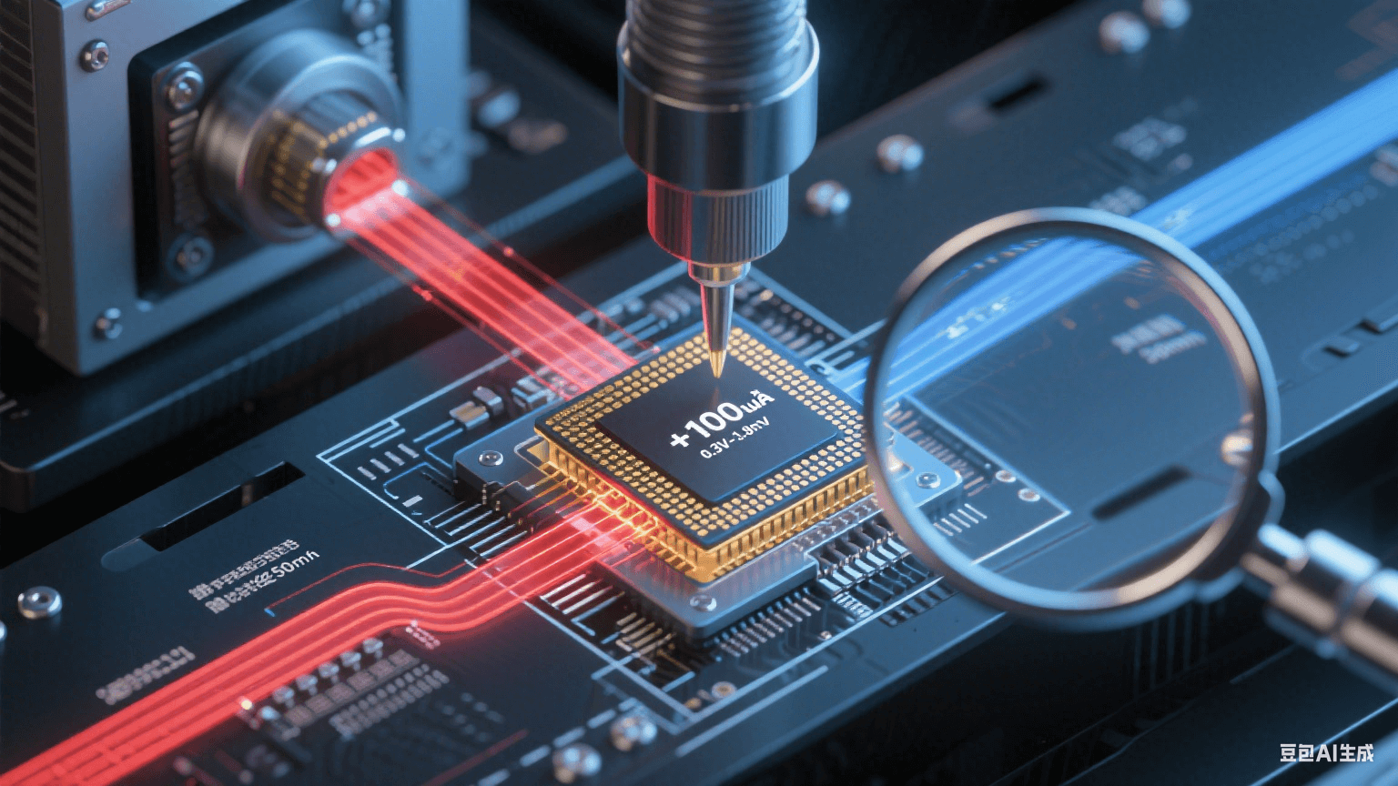 ATE测试信号闭环流程图：红色激励信号经50Ω微带线输入BGA芯片，金色响应信号返回ATE机台，显微特写显示±100μA电流在0.3V-0.8V保护二极管测试区间