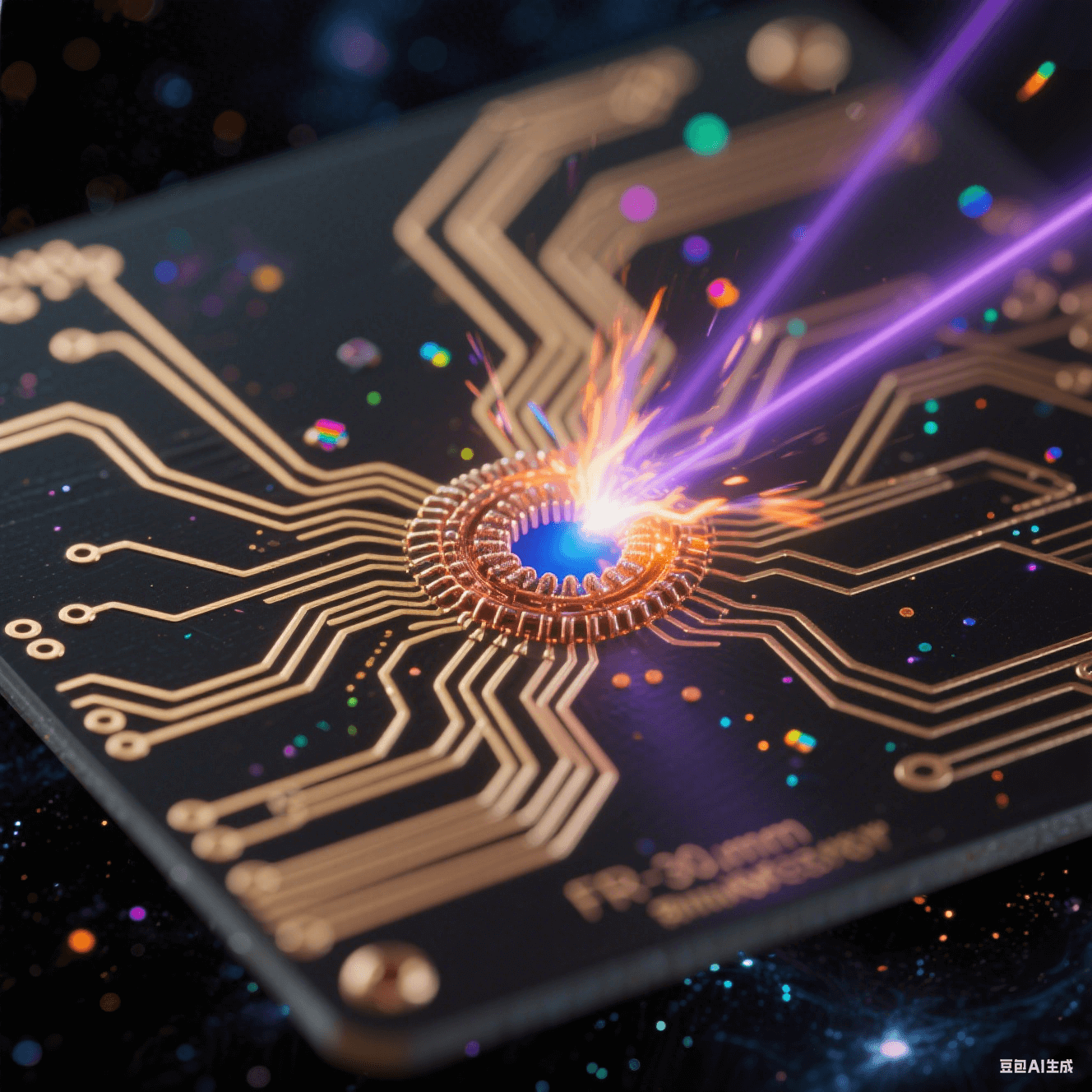 纳米级电路激光雕刻:微观视角下紫色光束在黑色基板上生成金色蛛网线路 纳米级电路激光雕刻:微观视角下紫色光束在黑色基板上生成金色蛛网线路