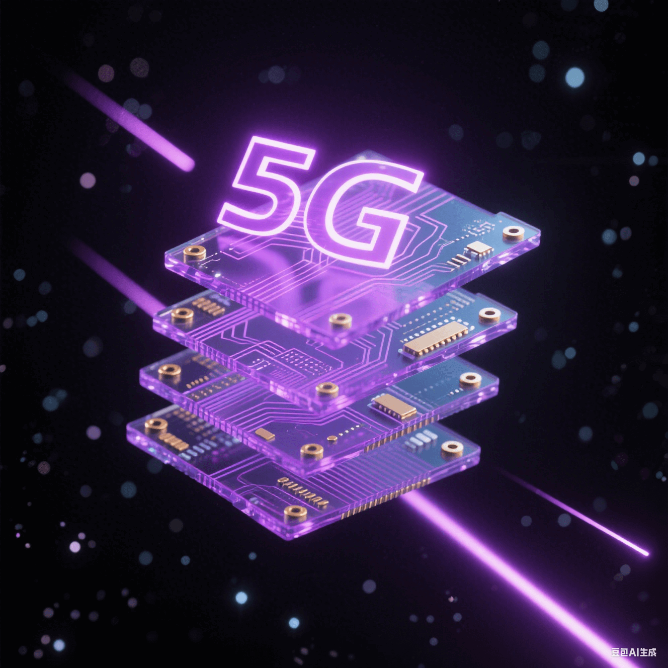 抽象多层电路板悬浮于深空背景,紫色发光线路与金色过孔构成脉冲光网,水晶质感介电材料呈现5G信号传输概念 抽象多层电路板悬浮于深空背景,紫色发光线路与金色过孔构成脉冲光网,水晶质感介电材料呈现5G信号传输概念