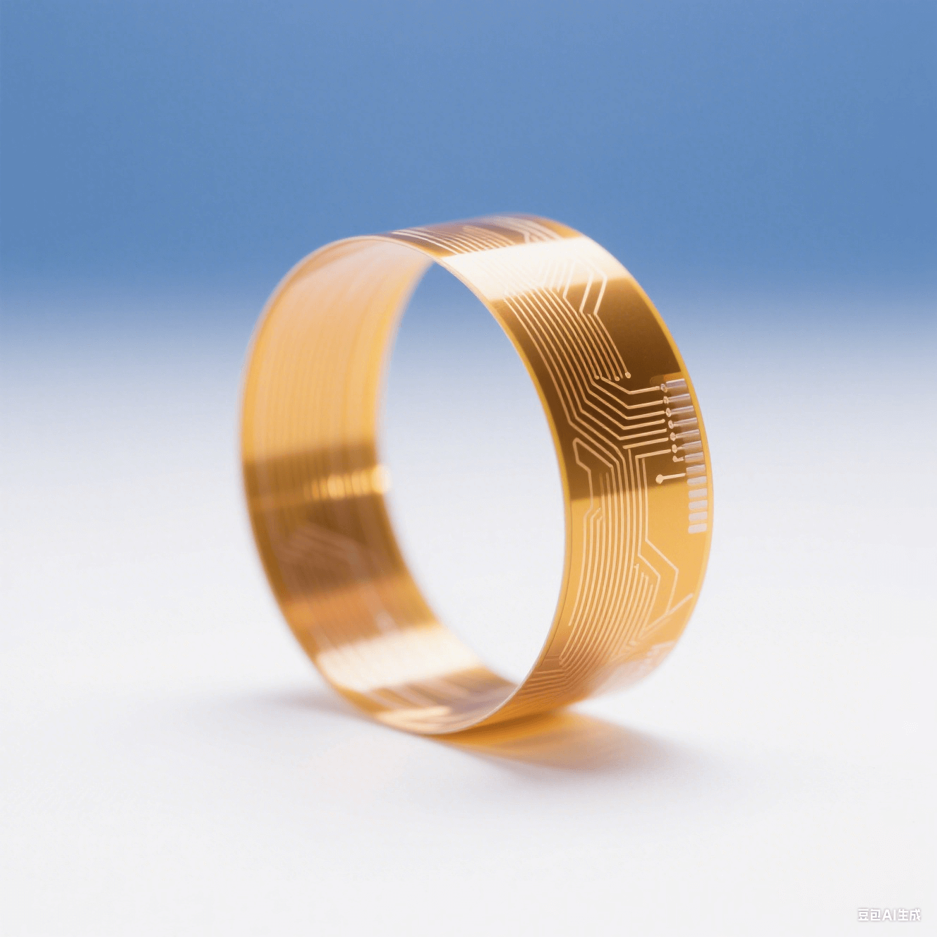 聚酰亚胺柔性电路板在白色背景中以5mm半径弯曲,金色铜箔线路折射暖光,冷调环境光突显材料柔韧性与科技感 聚酰亚胺柔性电路板在白色背景中以5mm半径弯曲,金色铜箔线路折射暖光,冷调环境光突显材料柔韧性与科技感