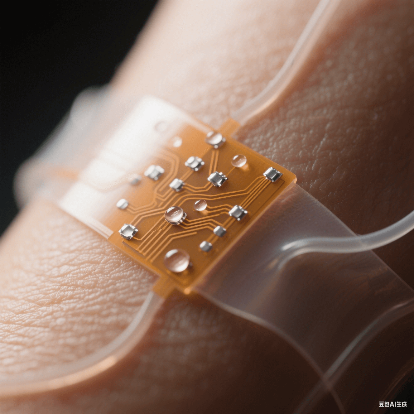 半透明琥珀色柔性电路板微距贴合人类皮肤,银色焊点如露珠嵌于生物相容涂层表面,边缘自然卷曲呈现医疗电子融合 半透明琥珀色柔性电路板微距贴合人类皮肤,银色焊点如露珠嵌于生物相容涂层表面,边缘自然卷曲呈现医疗电子融合