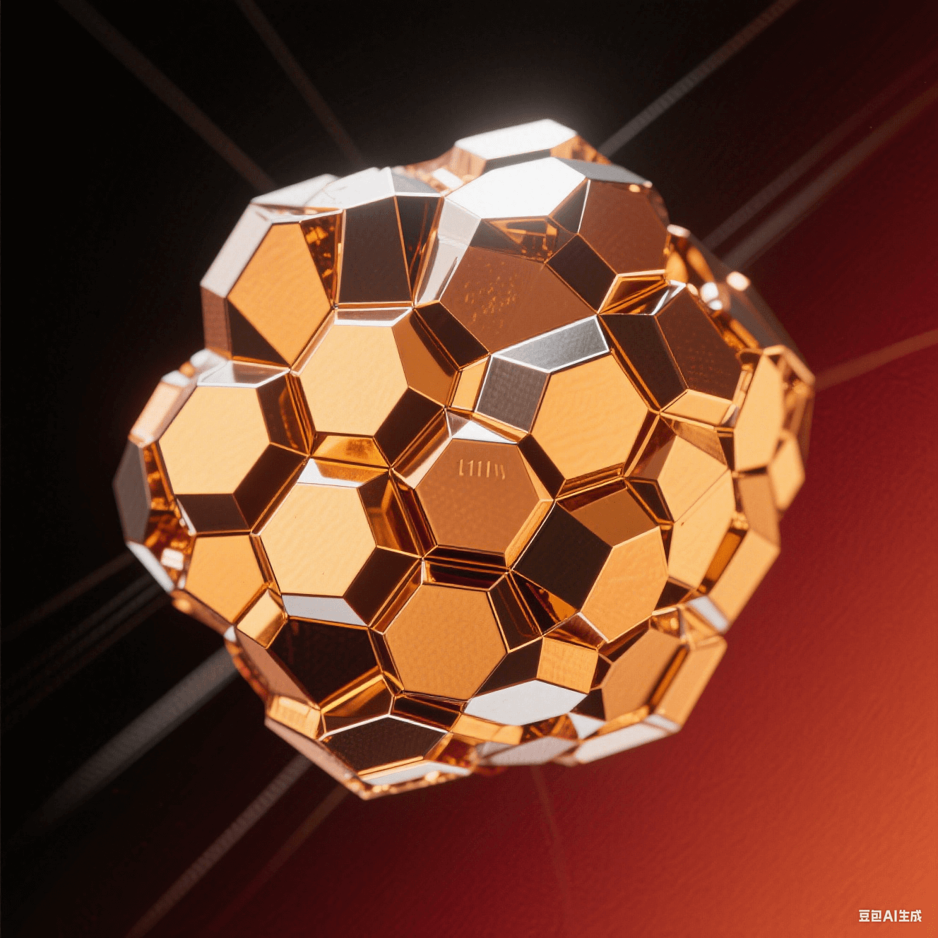 艺术化铜晶体显微图:暖金色等轴晶粒紧密镶嵌,六边形晶面反射定向光束,深红背景强化金属晶界光泽 艺术化铜晶体显微图:暖金色等轴晶粒紧密镶嵌,六边形晶面反射定向光束,深红背景强化金属晶界光泽