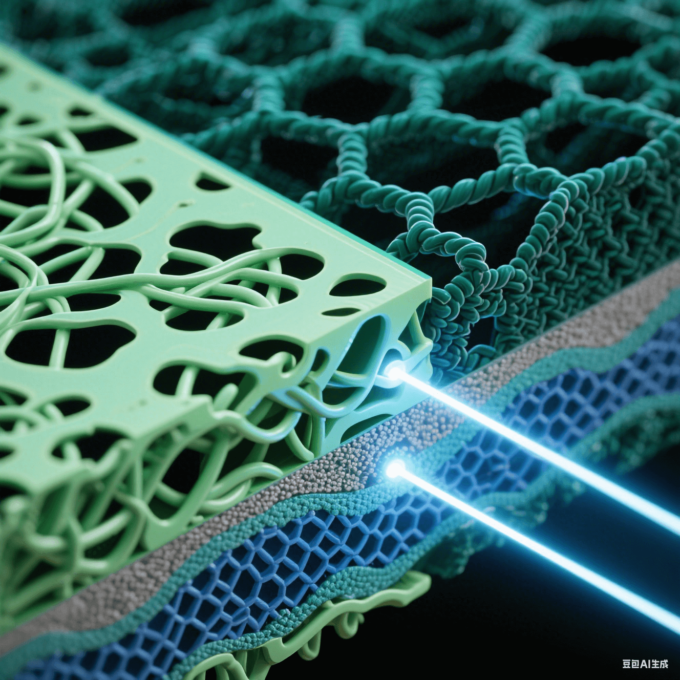 纳米级树脂剖面艺术图:左侧浅绿松散分子链含黑色孔隙,右侧墨绿致密交联网络呈刚性六边形,青白紫外光束穿透层间 纳米级树脂剖面艺术图:左侧浅绿松散分子链含黑色孔隙,右侧墨绿致密交联网络呈刚性六边形,青白紫外光束穿透层间
