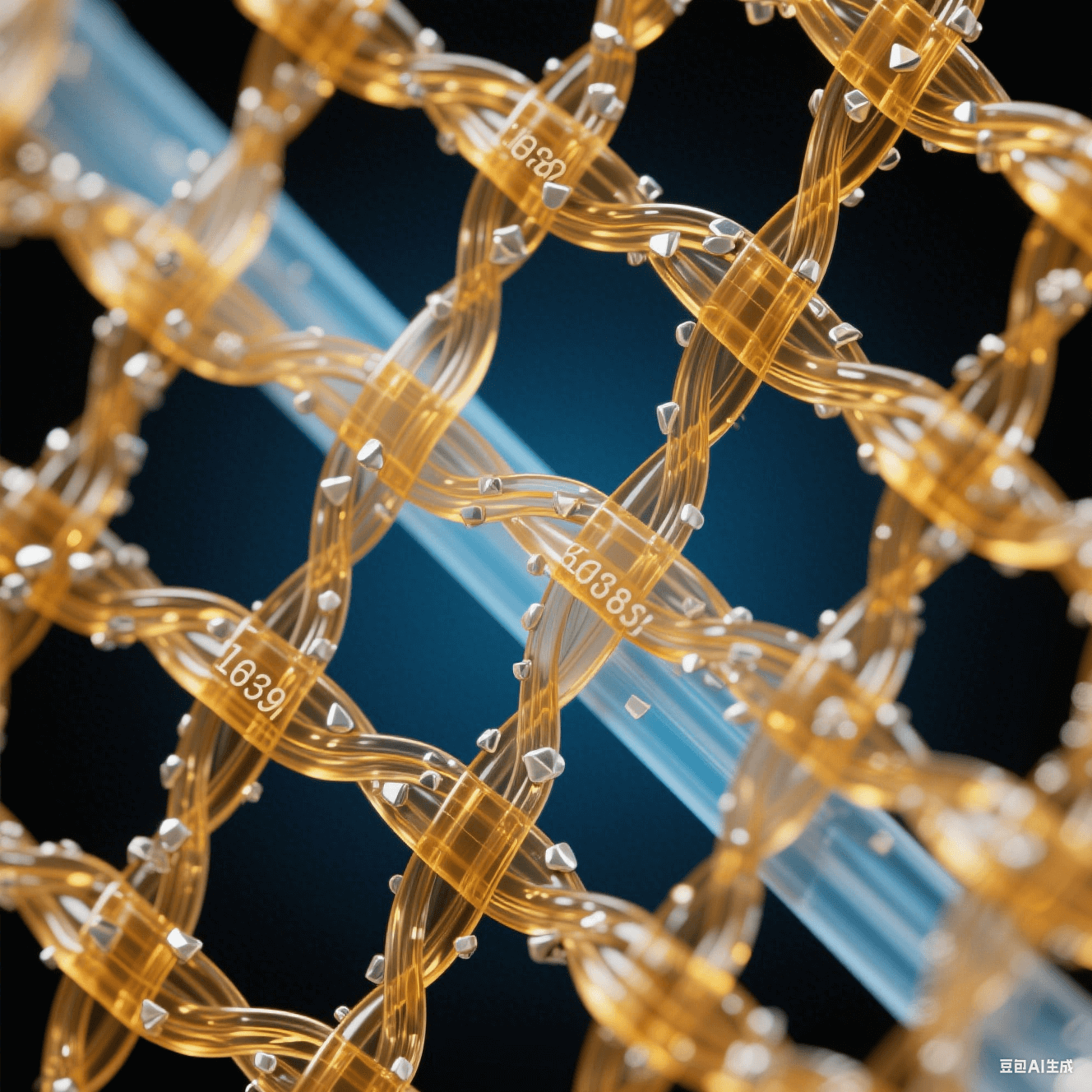 透明玻璃纤维束嵌入琥珀色环氧树脂网格,表面附着银白色纳米颗粒,冷蓝背光突显三维网状复合结构 透明玻璃纤维束嵌入琥珀色环氧树脂网格,表面附着银白色纳米颗粒,冷蓝背光突显三维网状复合结构