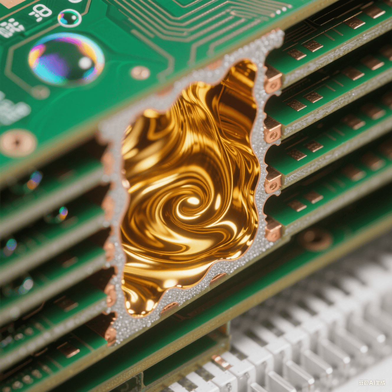 显微视角下黄金电解液填充HDI板微孔的过程，镜面铜层沉积于孔壁，多层哑光绿阻焊与古铜导电层交替，呈现高密度互连板的脉冲电镀填孔先进工艺