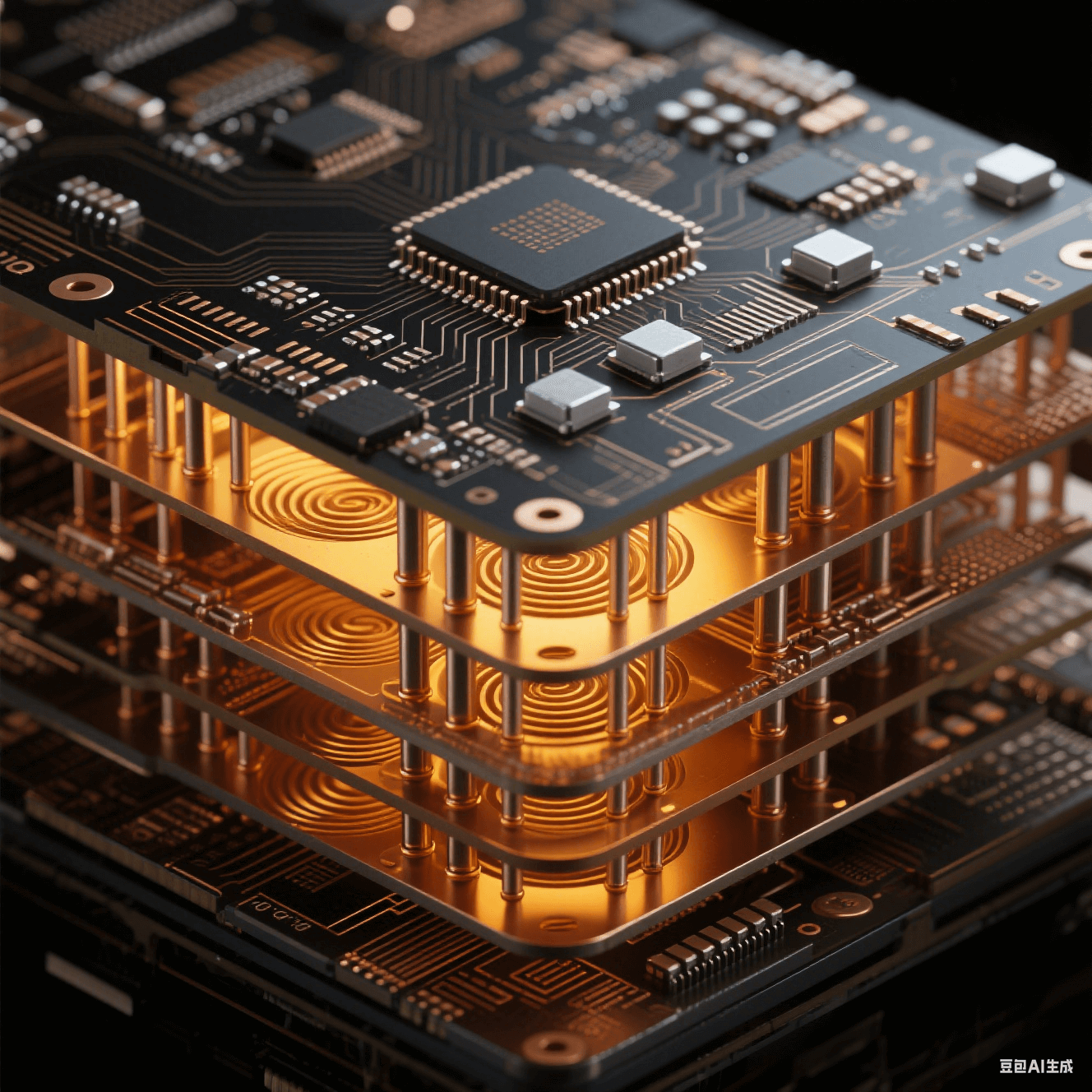 电镜级HDI板3D堆叠截面，银灰陶瓷电容嵌入层间介质，螺旋铜孔与散热铜柱展现2.5D封装材料界面科学
