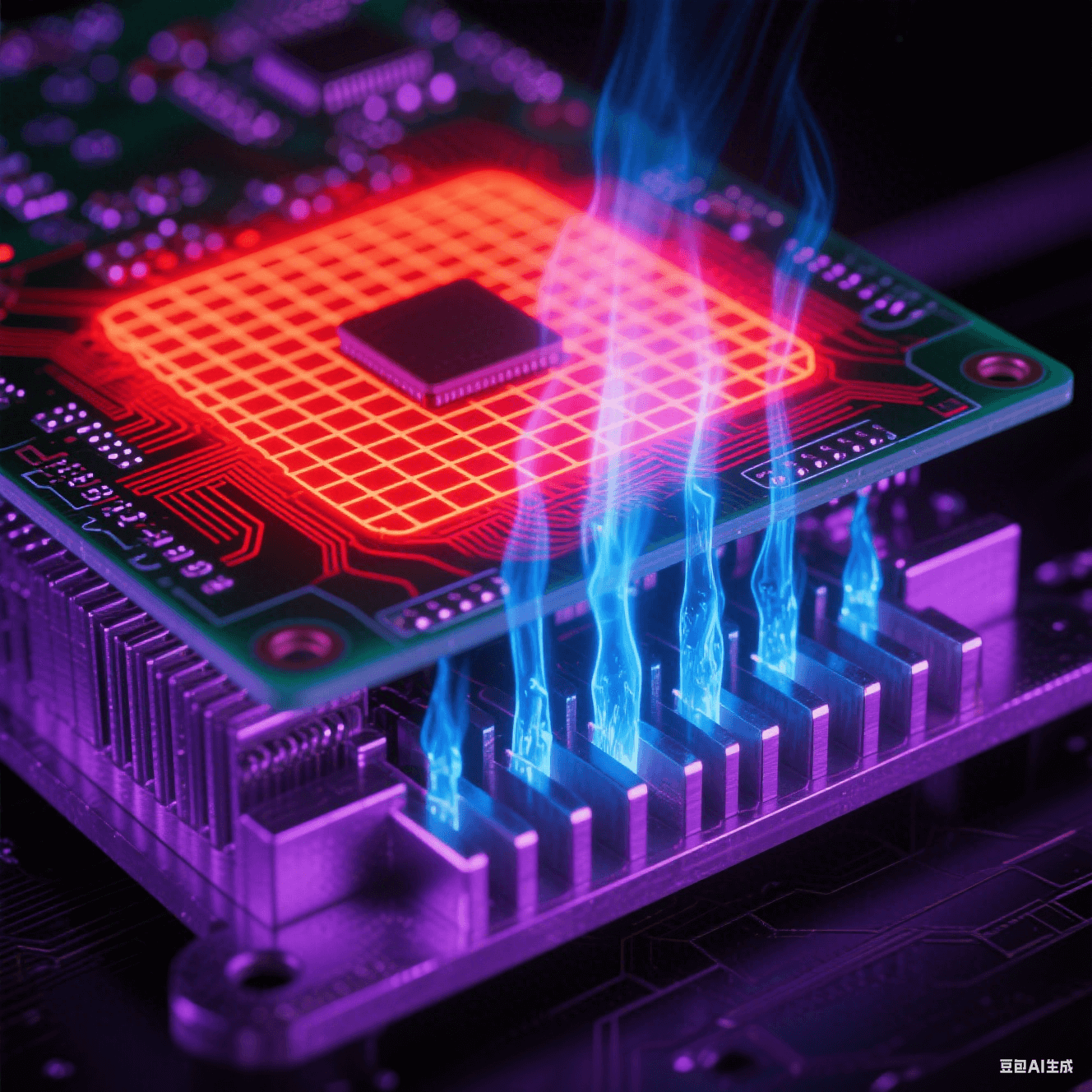 红外视角PCB亮红色高温区,蓝色柱状热过孔贯穿连接底部散热鳍片,铝基板泛金属冷光,热蒸汽在紫黑背景上升 红外视角PCB亮红色高温区,蓝色柱状热过孔贯穿连接底部散热鳍片,铝基板泛金属冷光,热蒸汽在紫黑背景上升