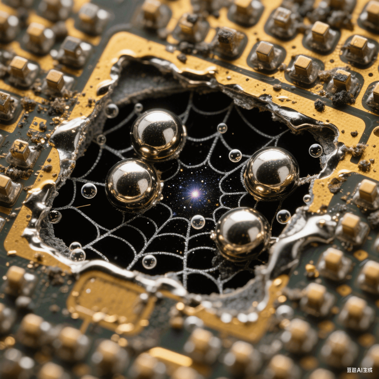球栅阵列焊点剖开显露黑色蛛网空洞,锡球内气泡星云状分布,镀金焊盘残留污染物,熔融焊锡镜面反光深焦透视 球栅阵列焊点剖开显露黑色蛛网空洞,锡球内气泡星云状分布,镀金焊盘残留污染物,熔融焊锡镜面反光深焦透视