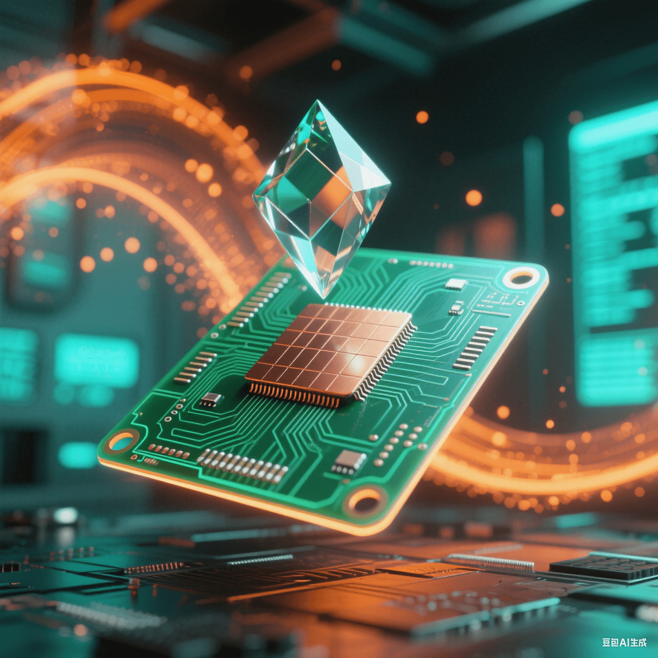 悬浮透绿PCB被激光网格扫描,交汇点凝结飘浮菱形水晶,铜厚光带投射阴影,霓虹粒子流抽象数据库青橙光雾弥漫 悬浮透绿PCB被激光网格扫描,交汇点凝结飘浮菱形水晶,铜厚光带投射阴影,霓虹粒子流抽象数据库青橙光雾弥漫