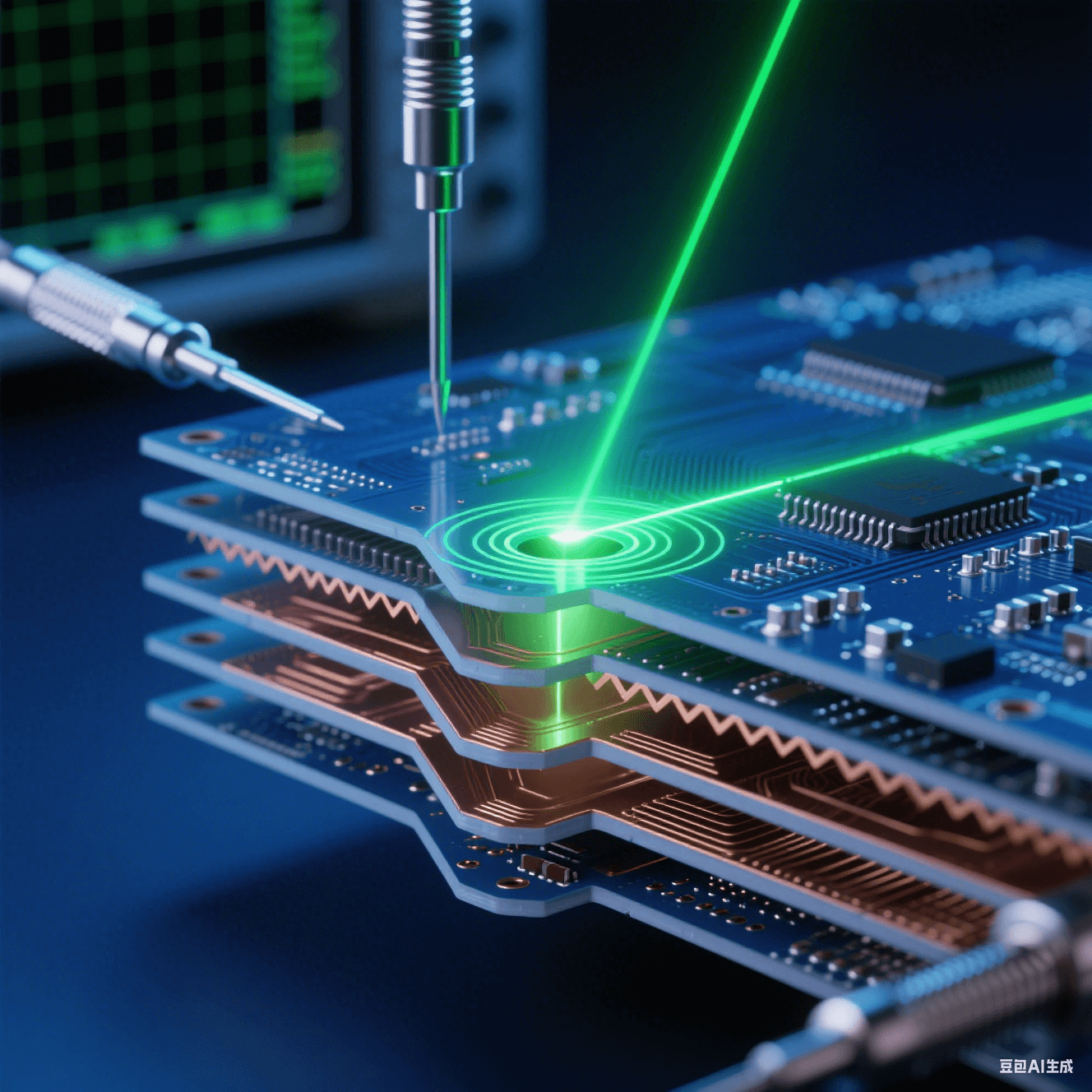 透明多层PCB剖面锯齿铜层结构,绿色激光在过孔处反射形成漩涡,银色探针接触测试点,钴蓝背景虚化示波网格 透明多层PCB剖面锯齿铜层结构,绿色激光在过孔处反射形成漩涡,银色探针接触测试点,钴蓝背景虚化示波网格
