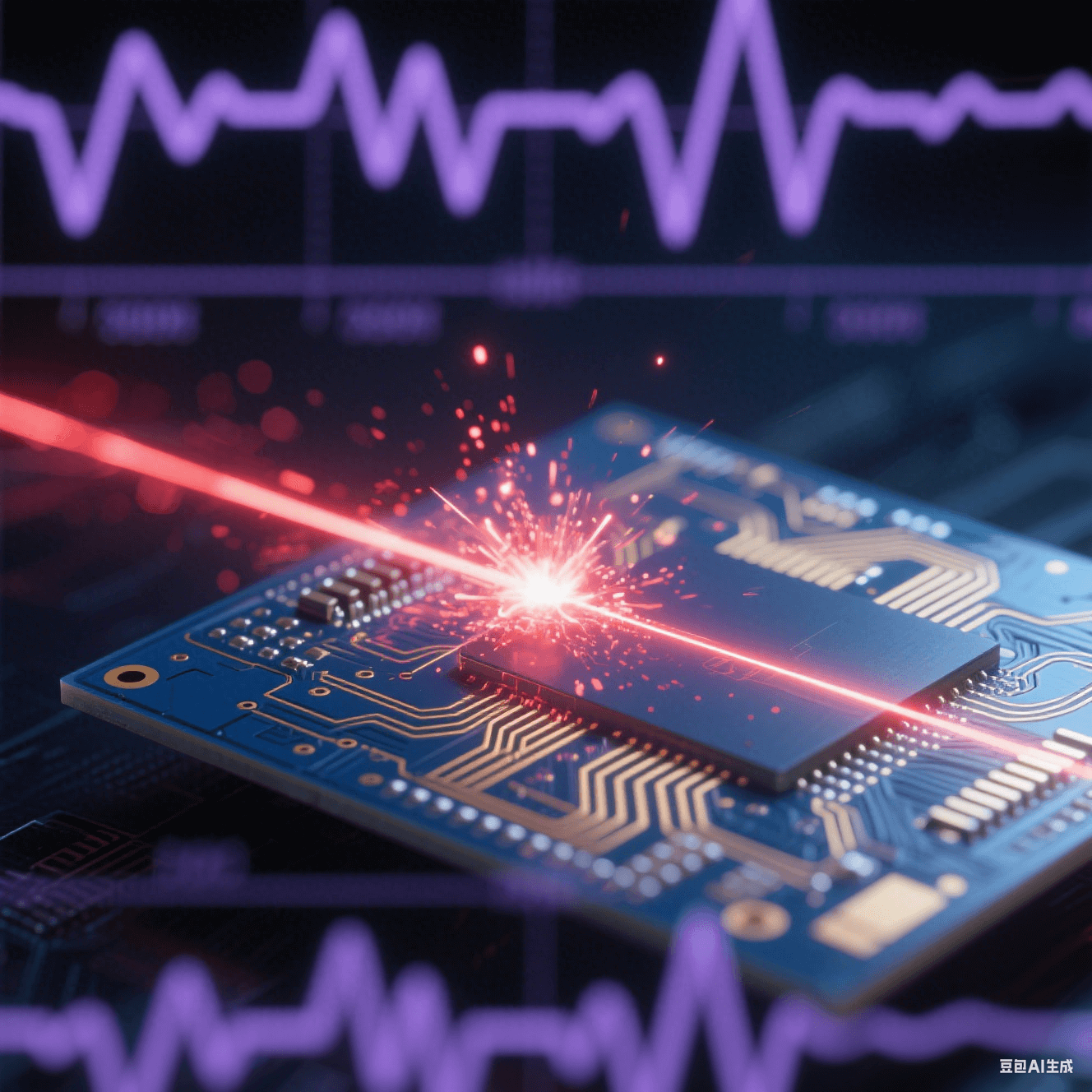 深蓝色PCB上金色电路脉冲激光传输,末端爆裂为红色粒子雾,背景虚化示波器波形与冷紫色工业激光束,高对比玻璃纤维纹理微观呈现 深蓝色PCB上金色电路脉冲激光传输,末端爆裂为红色粒子雾,背景虚化示波器波形与冷紫色工业激光束,高对比玻璃纤维纹理微观呈现