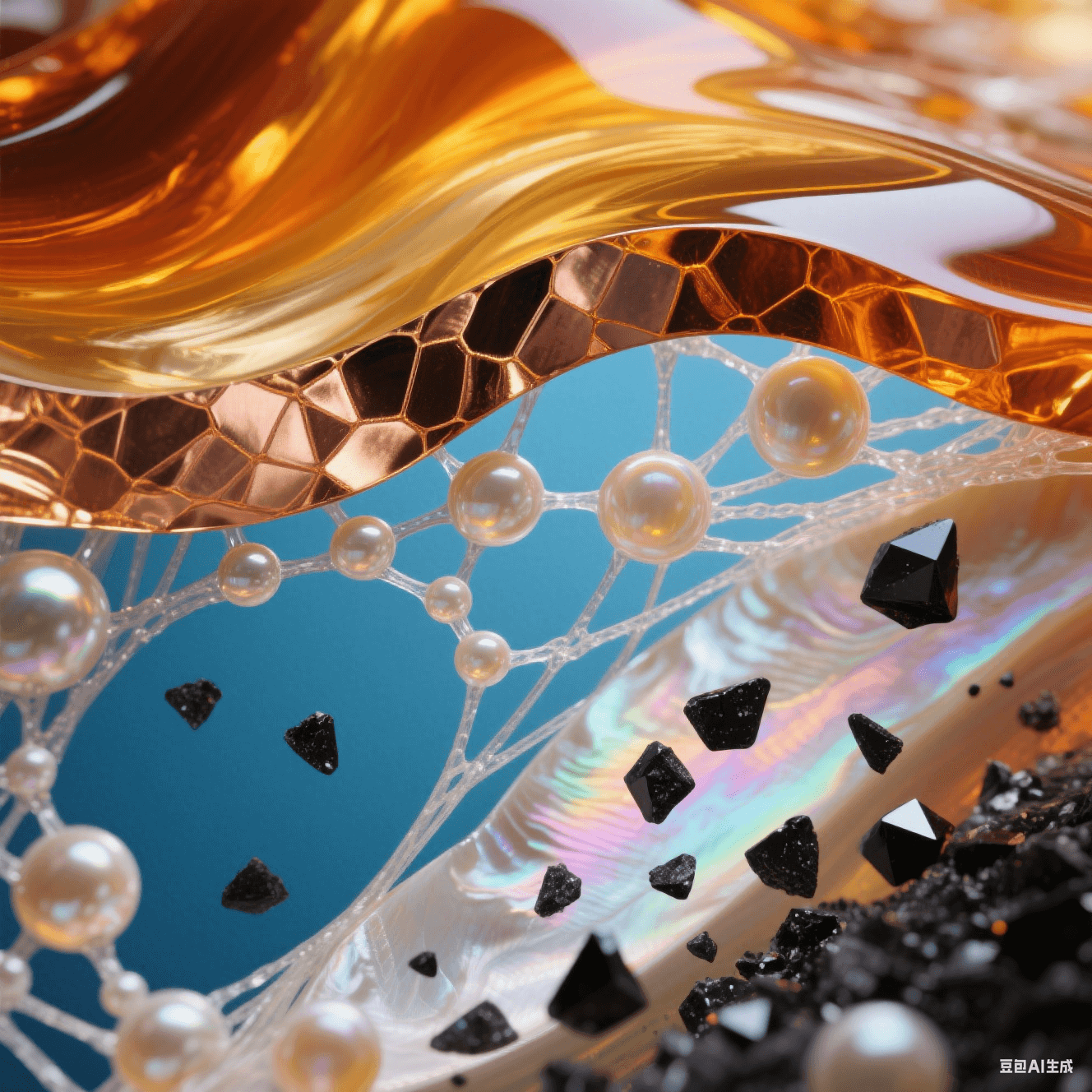 琥珀色树脂与鎏金铜箔分离,层间涌出珍珠母贝气泡,玻璃纤维化作发光丝线,蓝橙热应力波与虹光结晶交织的动力学美学场景 琥珀色树脂与鎏金铜箔分离,层间涌出珍珠母贝气泡,玻璃纤维化作发光丝线,蓝橙热应力波与虹光结晶交织的动力学美学场景
