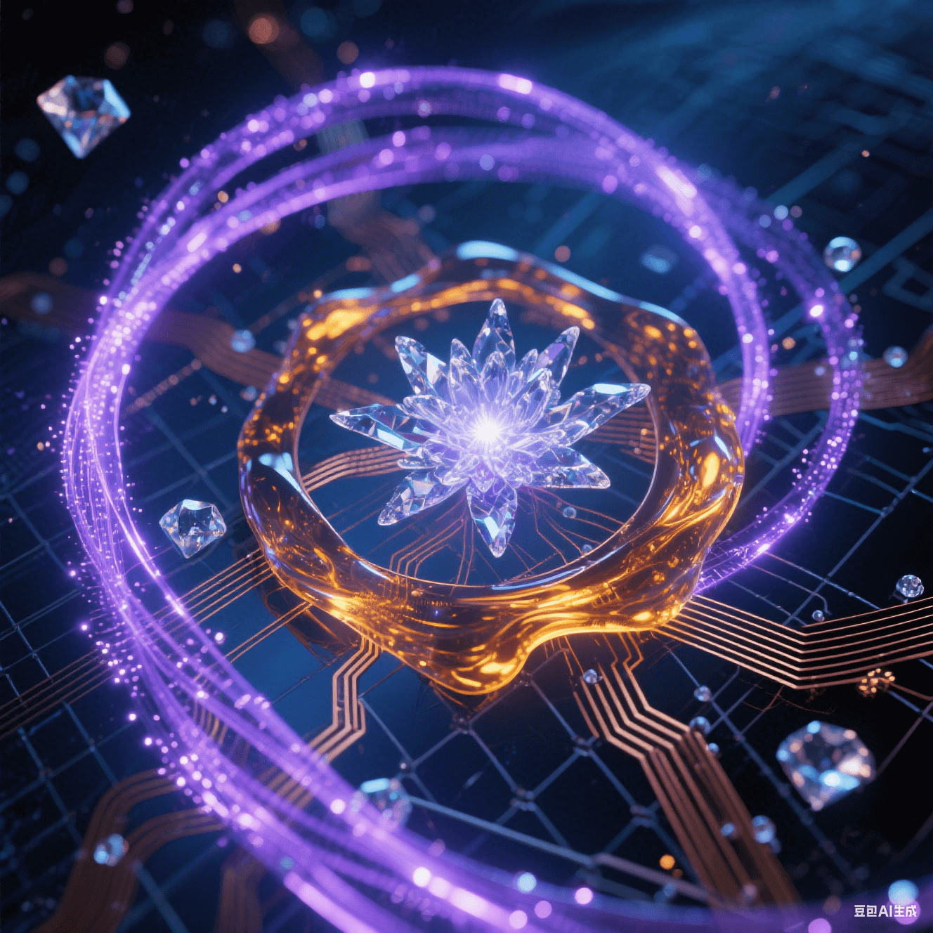 幽蓝色玻纤上琥珀树脂流淌液态光影,紫色离子粒子流在纳米缝隙舞动成星系漩涡,光导纤维网络故障点绽放水晶能量花簇的光影艺术表现 幽蓝色玻纤上琥珀树脂流淌液态光影,紫色离子粒子流在纳米缝隙舞动成星系漩涡,光导纤维网络故障点绽放水晶能量花簇的光影艺术表现