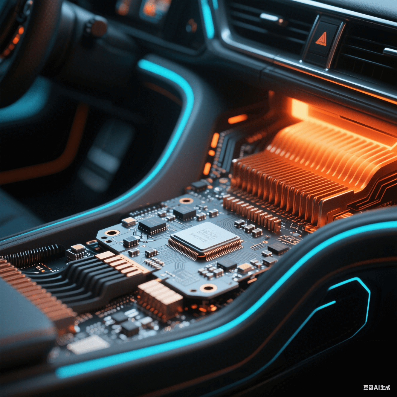 汽车中控台域控制器内部 - 银灰色基板密集元件 - 铜橙色散热鳍片 - 热过孔阵列红外热力图 - 刚柔结合板哑光黑 FPC 弯曲结构 - 冷蓝电路光效与暖橙散热光对比 汽车中控台域控制器内部 - 银灰色基板密集元件 - 铜橙色散热鳍片 - 热过孔阵列红外热力图 - 刚柔结合板哑光黑 FPC 弯曲结构 - 冷蓝电路光效与暖橙散热光对比